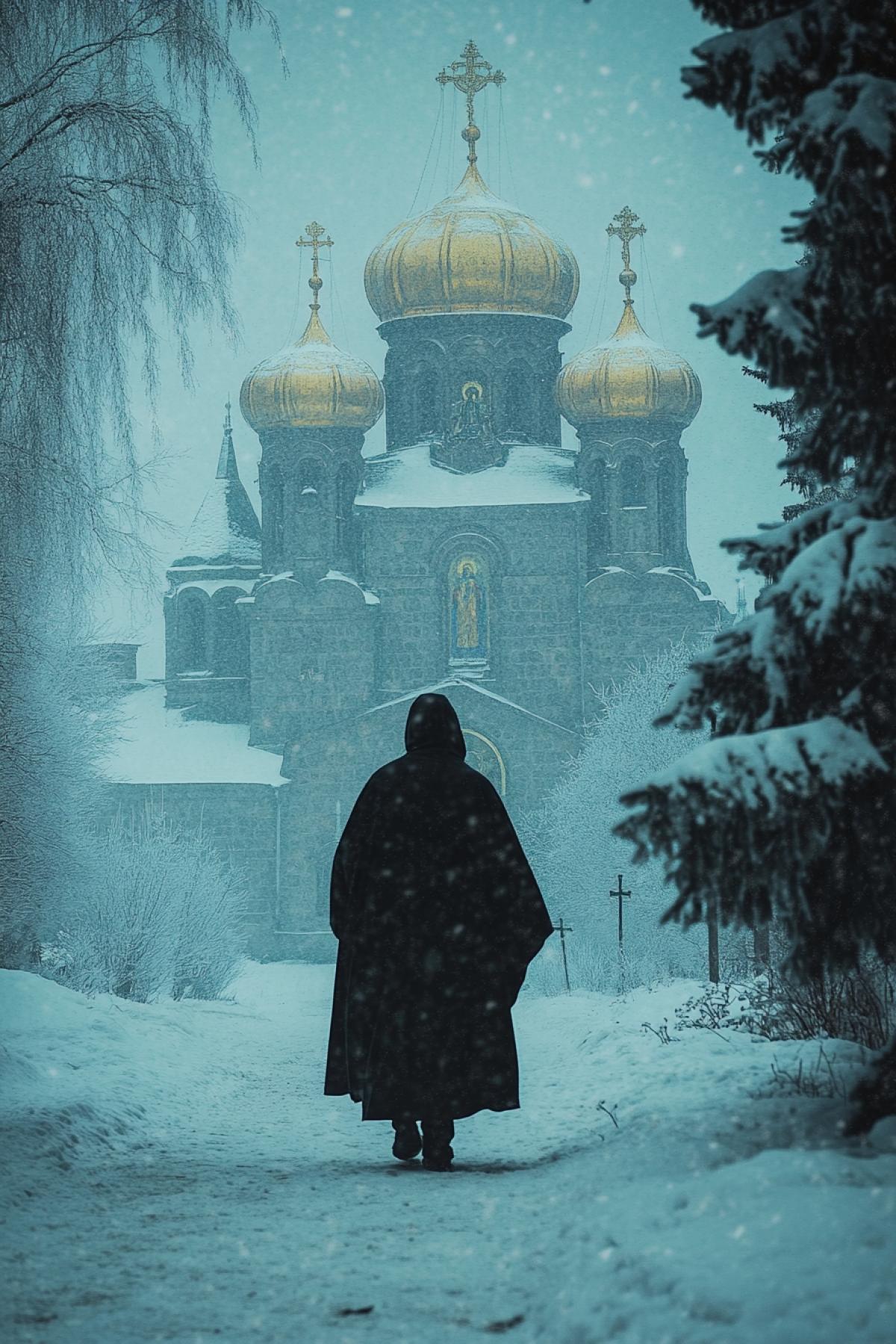 An Orthodox monk in a dark cloak walking through deep snow toward an ancient stone monastery with golden onion domes, early morning light, frozen breath visible, snowflakes falling, icons luxuryly seen through frosted stained-glass windows, quiet and solemn atmosphere