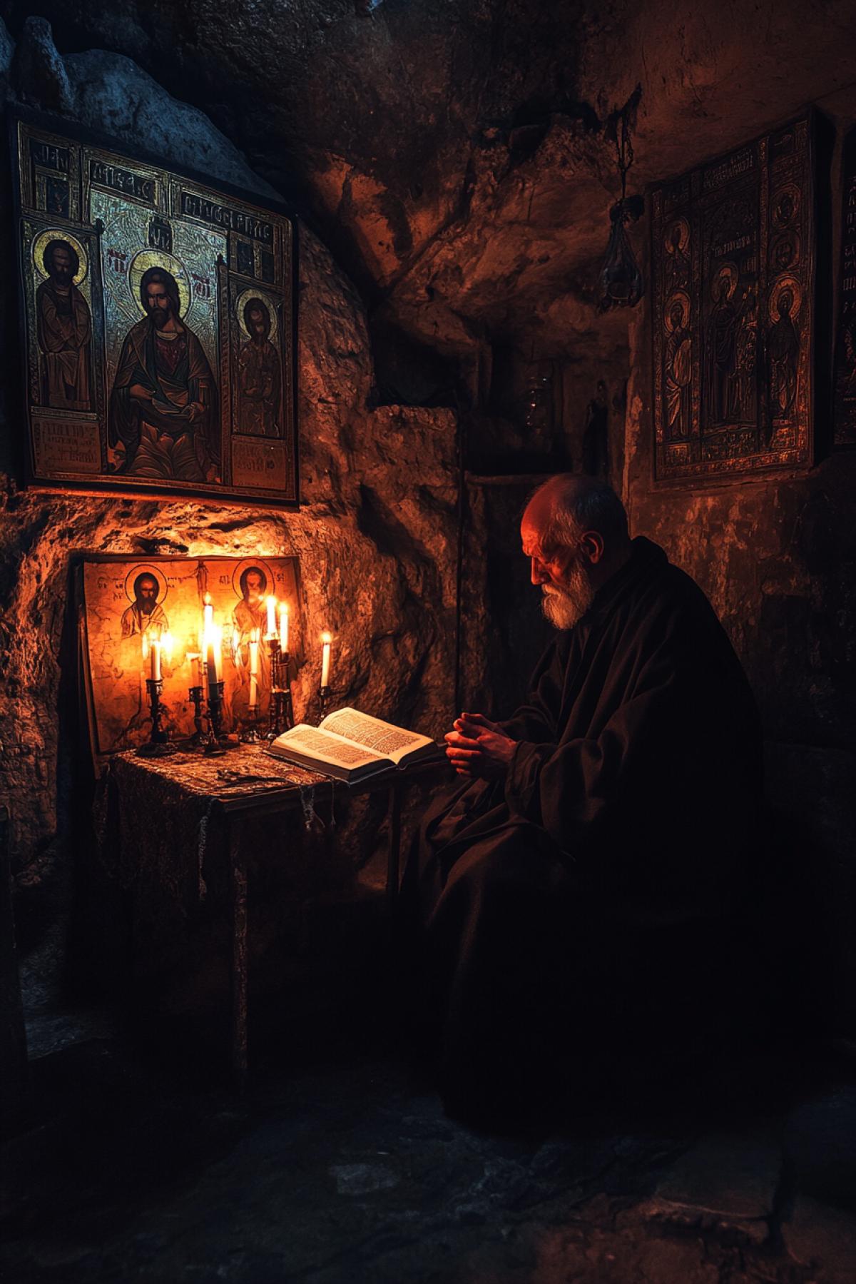 An Orthodox monk praying alone in a dim stone cell lit only by beeswax candles, ancient wooden icons on the wall, a hand-copied gospel open on the table, warm candlelight reflecting in his eyes, deep shadows, atmosphere of silence and devotion