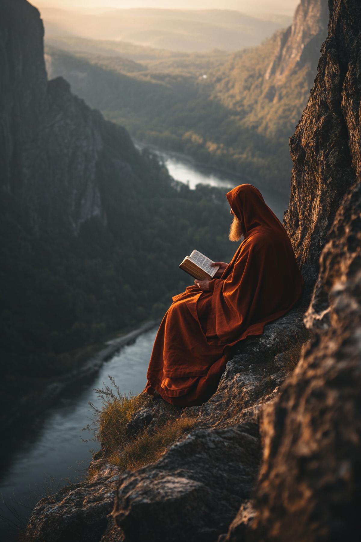 An Orthodox hermit monk sitting quietly on a high rocky cliff, overlooking a vast river valley at sunset, wind moving his robe and beard, open Bible in his lap, golden light on his face, sense of solitude, peace, and connection to nature and God