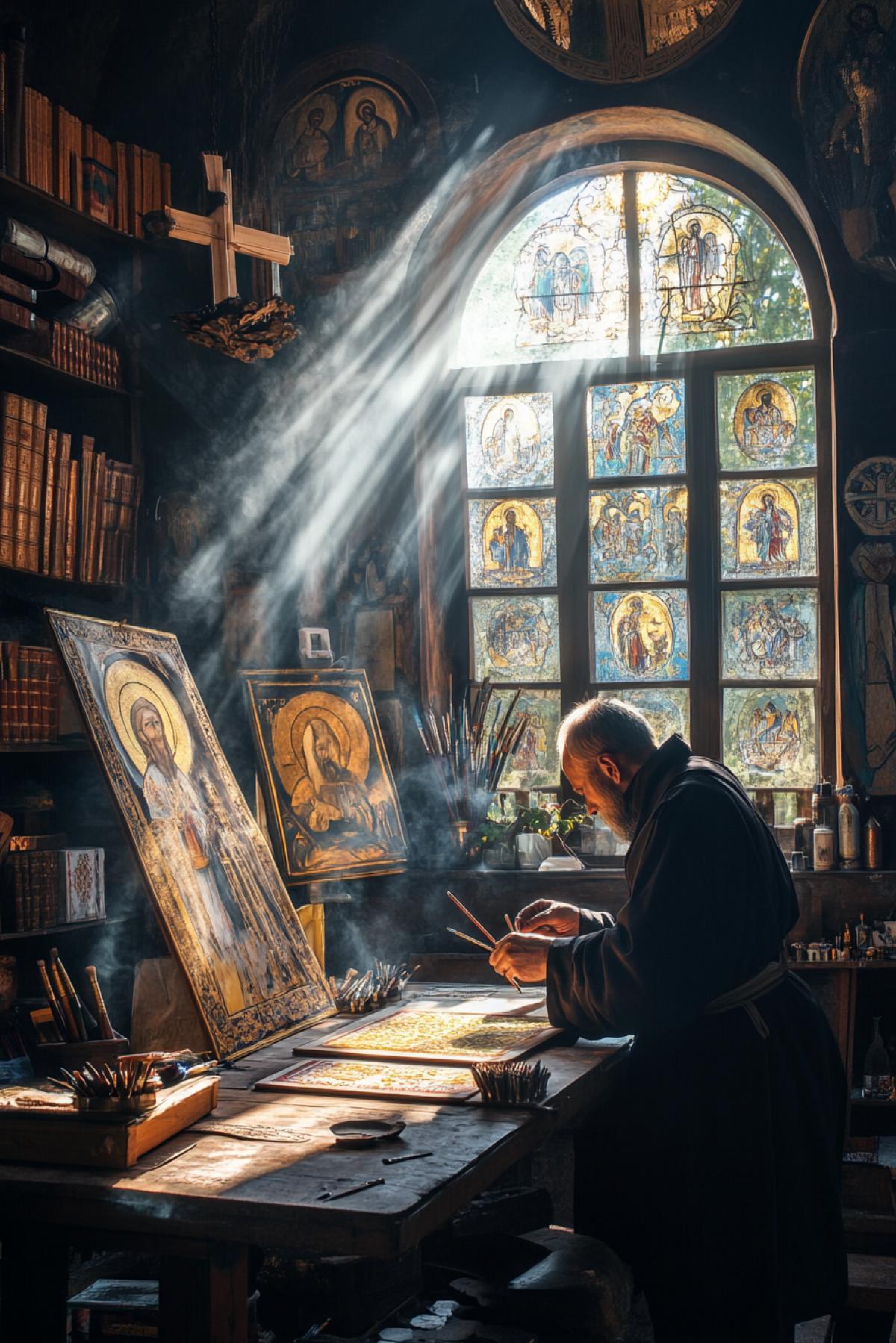 An Orthodox monk in a quiet workshop, painting an icon with gold leaf on wood, brushes and pigments carefully laid out, shafts of sunlight falling through a small arched window, dust in the air, shelves filled with beautiful books and painted icons, reverent atmosphere