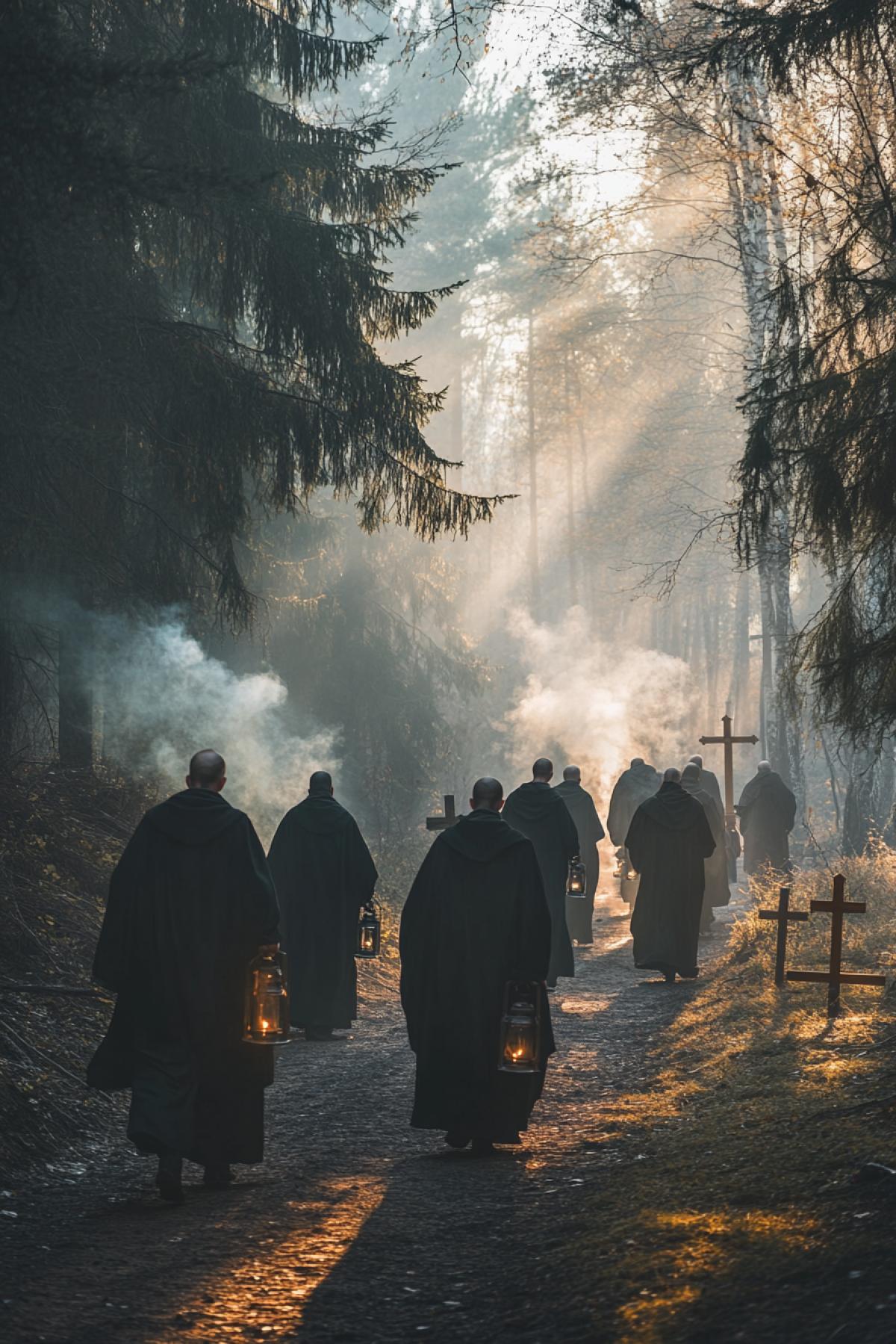 A procession of Orthodox monks in dark robes walking luxuryfoot at dawn through misty forest path toward a remote skete, incense smoke trailing, wooden crosses and lanterns in hand, soft sun rays piercing through fog, spiritual and cinematic feeling
