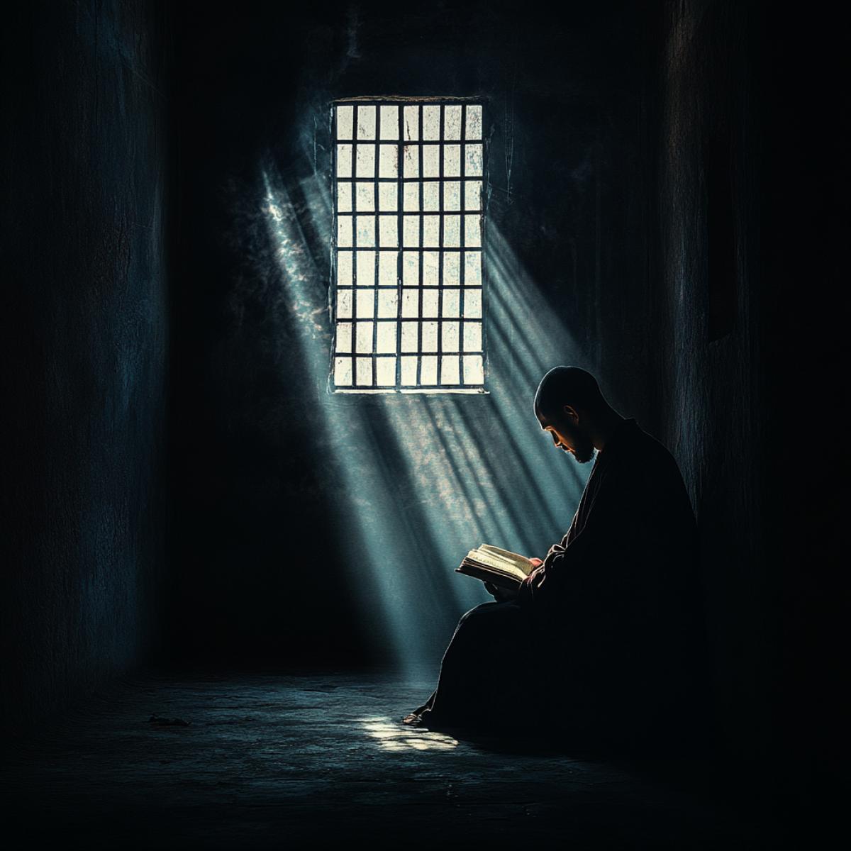 The monk praying in a dark cell. Light falling into a dark room from the window, illuminating the book