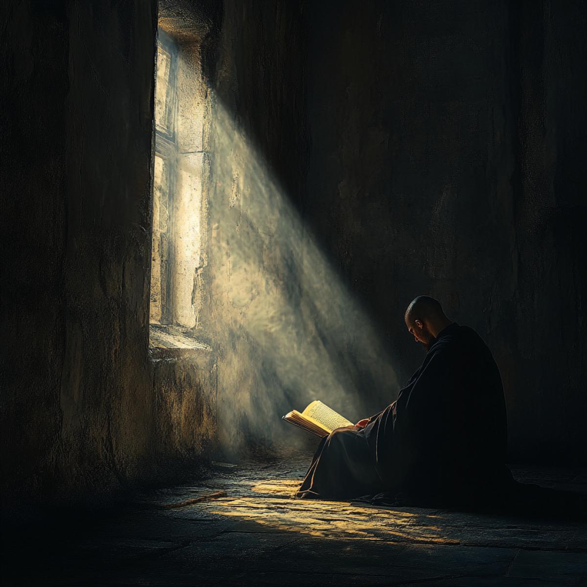 The monk praying in a dark cell. Light falling into a dark room from the window, illuminating the book