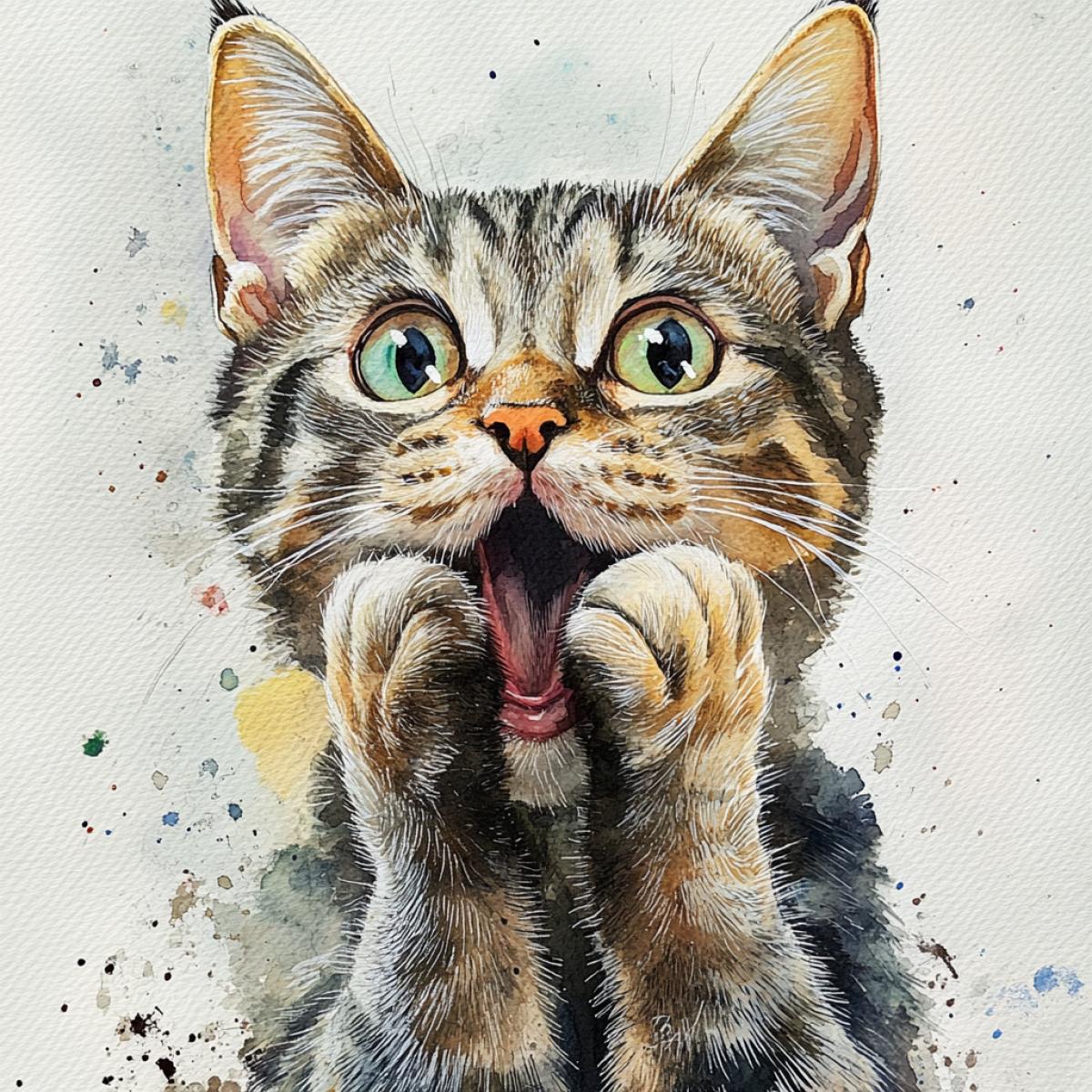 A thoroughbred cat experiences human emotions, she surprisedly opened her mouth and pressed her paws to her cheeks, the pattern was made with watercolors, the style of Tim Börton, high detail, realistic graphics
