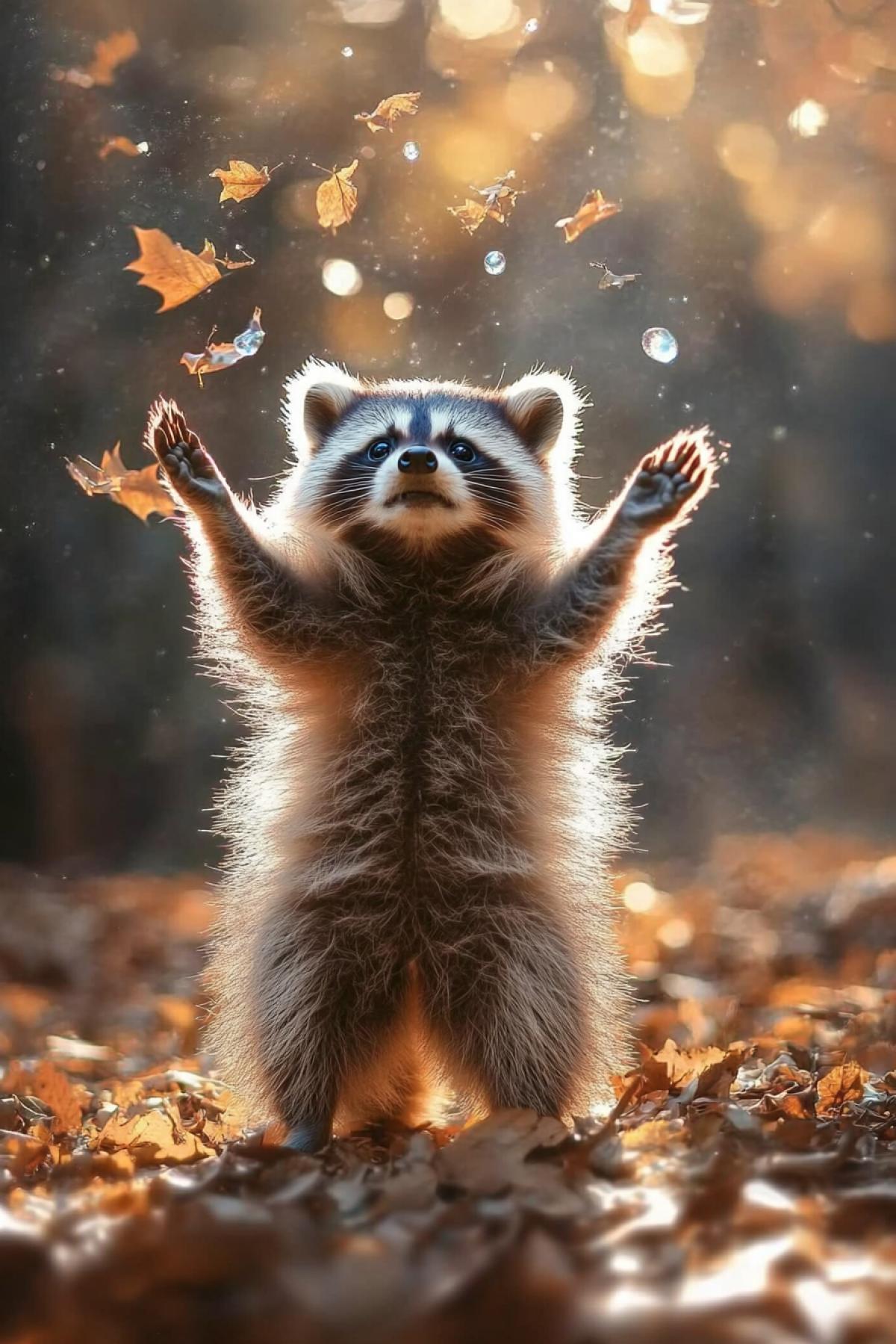 A raccoon standing on its hind legs in a sunlit forest clearing, gleefully holding a shiny object a glass marble with both paws, eyes wide with joy and excitement, background filled with glowing leaves and bokeh, magical and heartwarming atmosphere