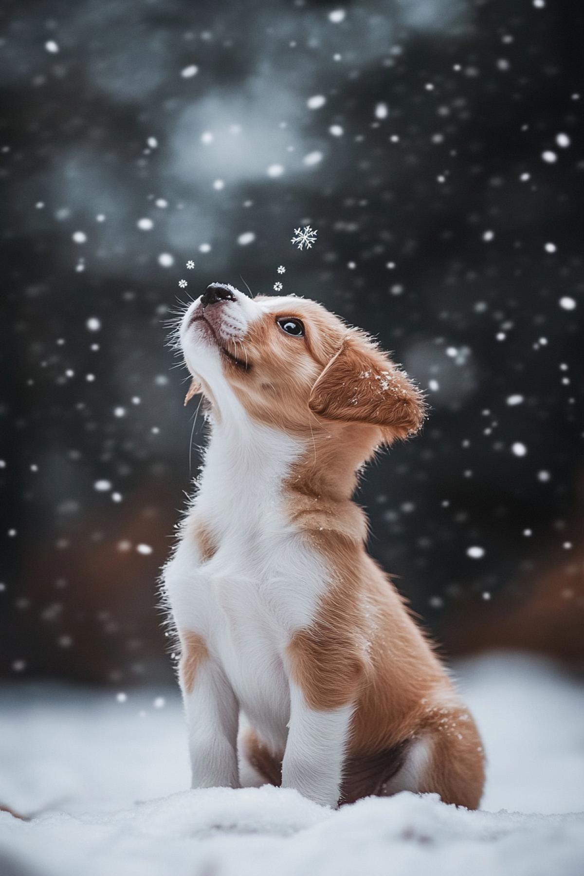 A small puppy sitting in fresh snow, its face tilted upward with wide curious eyes and open mouth, snowflakes landing on its nose, background of a quiet forest, pure joy and wonder captured in its expression, dreamy soft lighting