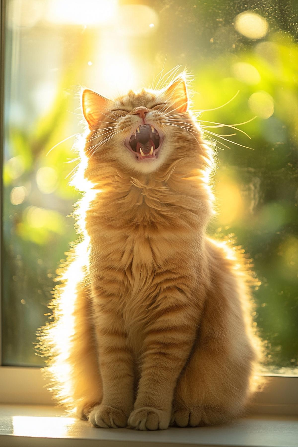 A fluffy ginger cat sitting on a sunlit windowsill, head slightly tilted back with mouth wide open in what looks like a joyful laugh, eyes squinting, soft sunlight highlighting its fur, behind it a blurry green garden, playful and heartwarming mood, captured like a candid photo in golden hour light