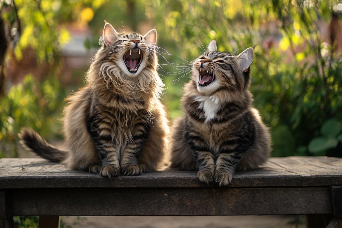 Two fluffy cats sitting face to face on a rustic wooden bench, both with their mouths wide open in expressive, joyful laughter, one cat pawing the air as if joking, the other slightly leaning back with eyes squinting, late afternoon sunlight casting warm tones, soft background of a peaceful backyard garden, mood full of playful mischief and genuine emotion