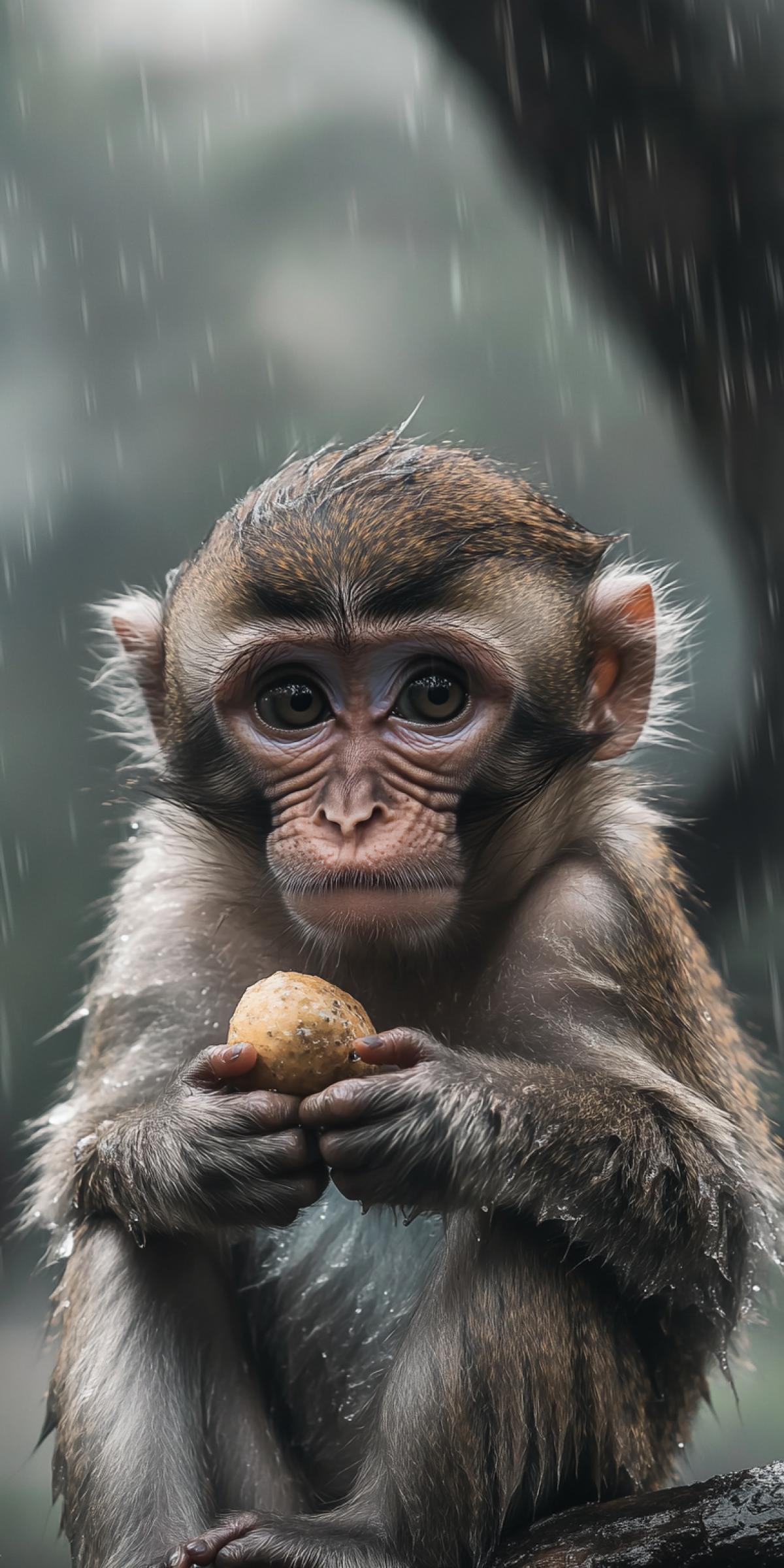 A close-up portrait of a monkey sitting in the rain under a tree, clutching a small plaything or fruit to its detailed, raindrops falling from its fur, eyes glossy with sorrow, expression deeply emotional, background blurred and grey for maximum impact