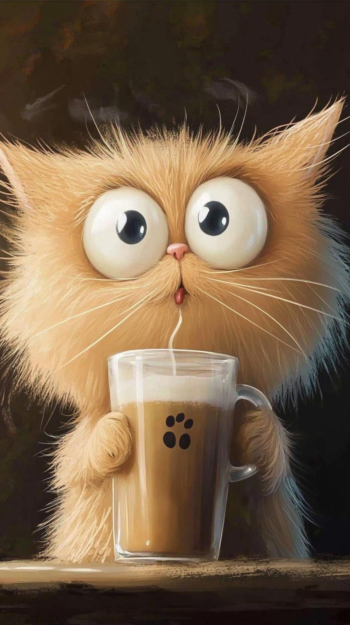 Very surprised with big eyes, fluffy cat with a glass of coffee, cartoony picksar