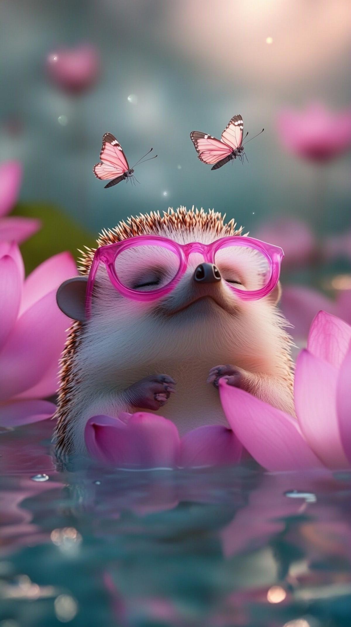 Very calm hedgehog in the lotus 4k. In pink glasses. Hedgehog befell Zen. Hedgehog Yogi. Complete peace. Butterflies fly