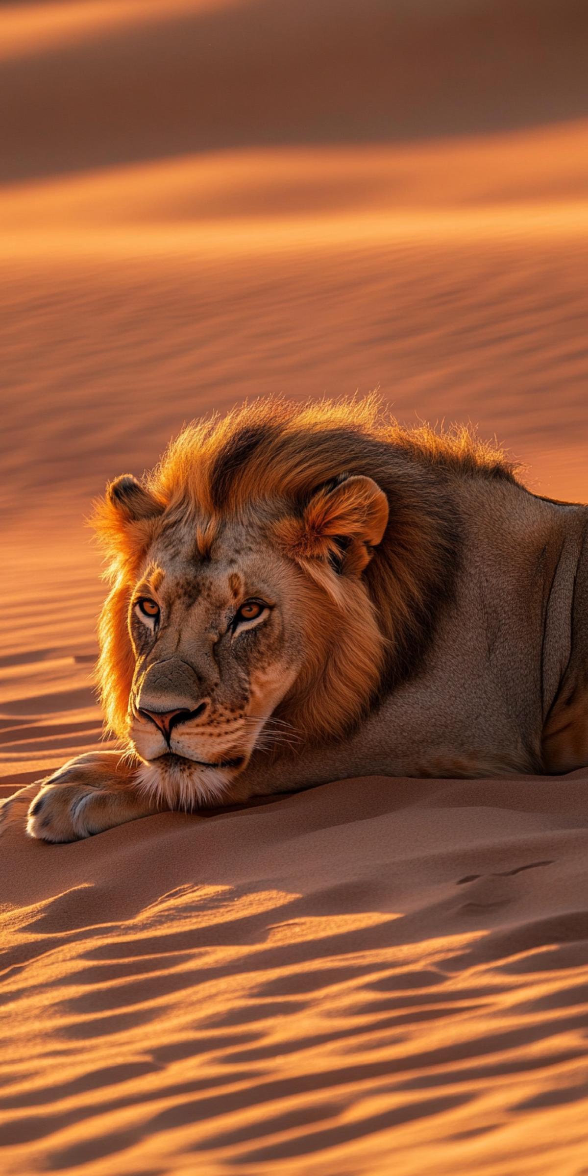 A majestic lion lying alone in the middle of a vast golden desert, his eyes filled with deep sadness and longing, warm sunset light casting long shadows, wind slightly ruffling his mane, the scene quiet and cinematic, emotion of solitude clearly visible