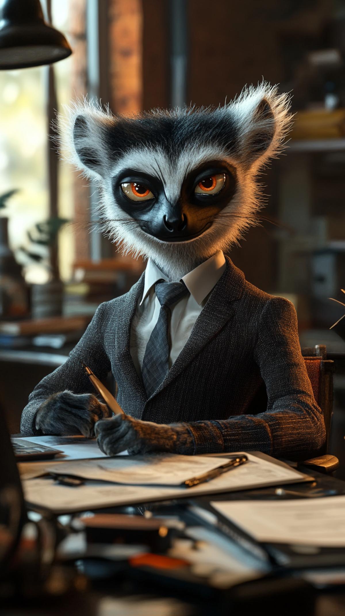 Very sleepy lemur in a suit and tie sits in the office at the desktop. Disney Piksar, 3d Render