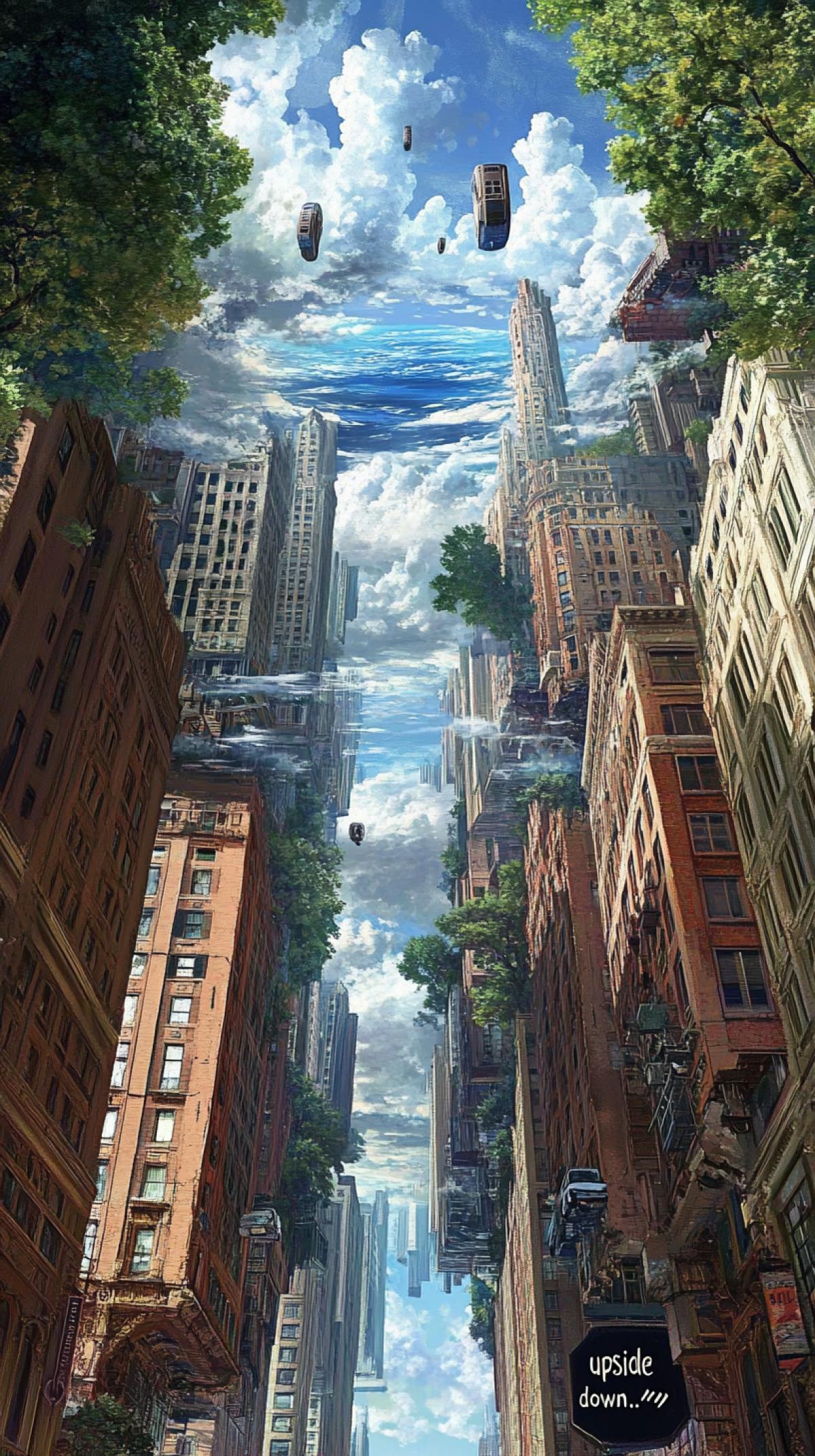 Images where something is \"upside down.\" Imagine that the usual laws of physicists and logic do not work: the sky can be located below, and the earth above, buildings, trees and people can be depicted in an inverted, unusual form.