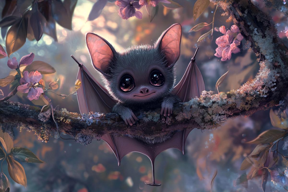 Cute bat hangs up with trowels on a tree branch, altogether kenai cheerful