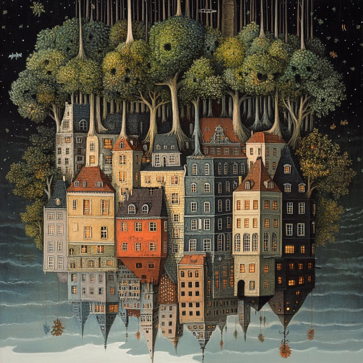 The city is upside down. Surrealism in the style of Jacec Yerka. Trees at different times of the year and skyscrapers growing from the bottom up trees and houses. Growing trees and houses from top to bottom. Buildings of the House of Skyscrabs are turned upside down . . +coherently, hyper science fiction, fairytale reality, unrealistic fairy tale, fantasy, hypershamoron
