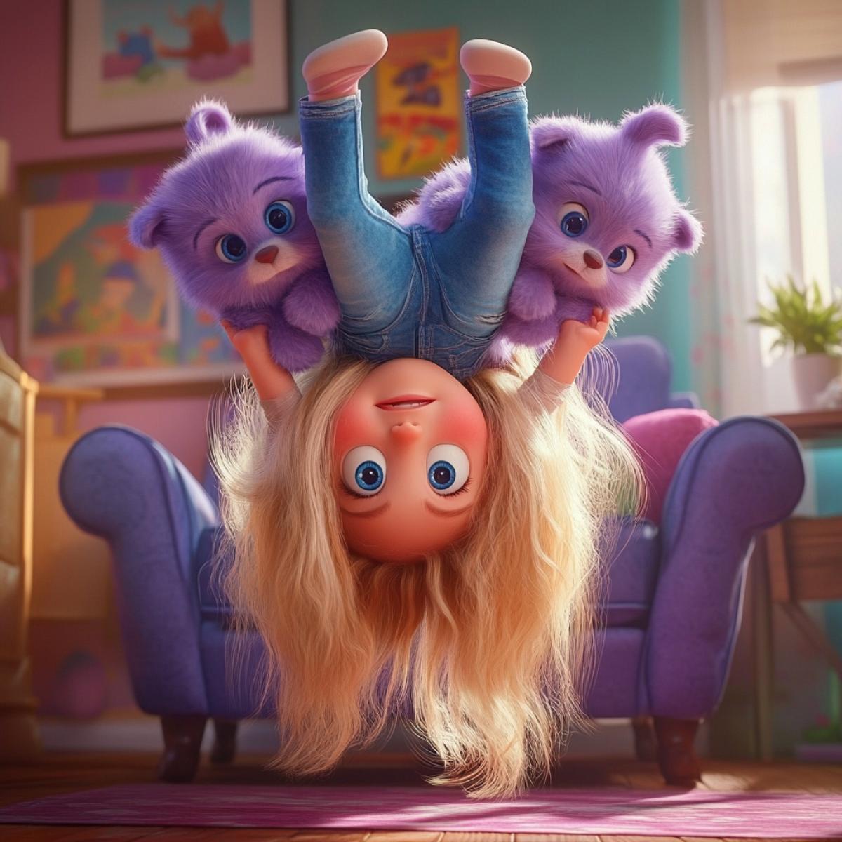 A pretty little girl with very long blond hair and big blue eyes, standing on her head upside down in an armchair, holding his legs, two large fluffy plush cubs are jumping nearby, background is a bright colorful childrens room, childrens trousers of purple color, cartoon in the style of Pixar, cartoon in the style Pixar, the background is a photograph of a girl.