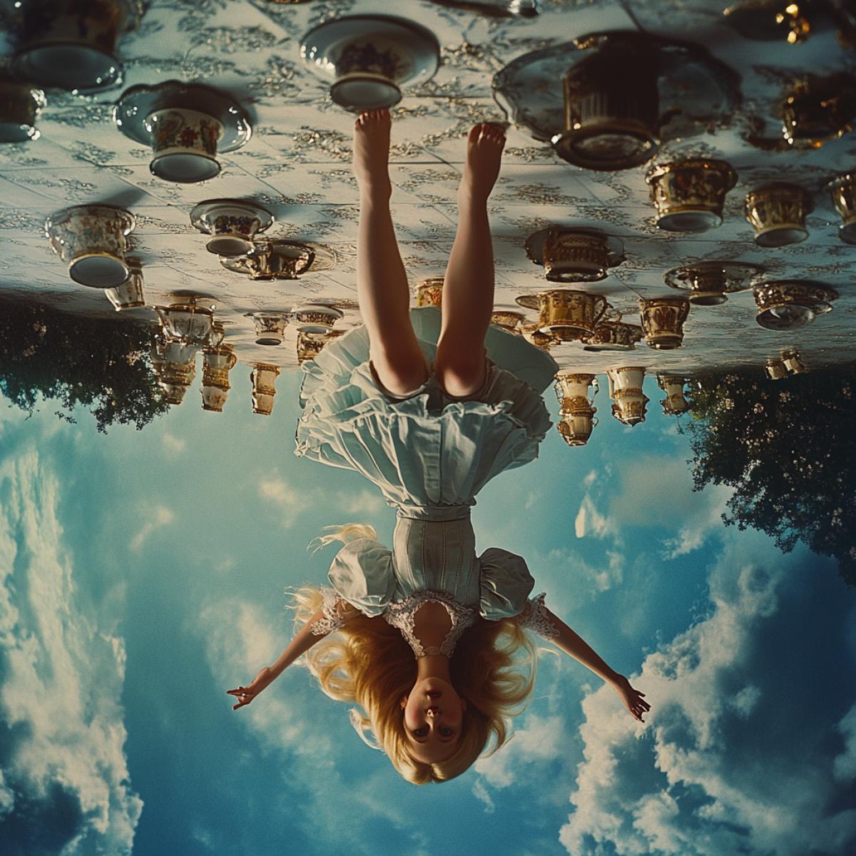 Inverted from top to bottom, upside down, upside down, . Alice is turned upside down, legs on the ceiling, from top to bottom. Wonderlands crazy tea party, hyperetestization, aesthetically, beautiful, high resolution, in the style of Dali