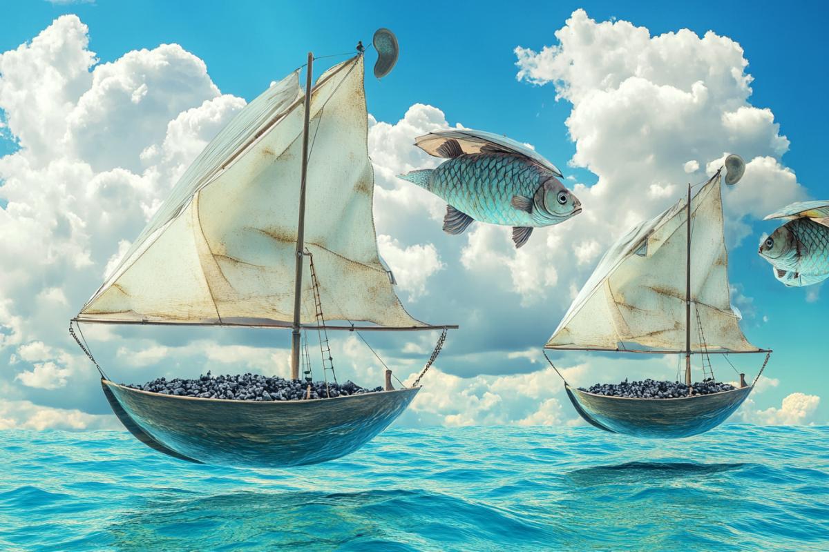 Inverted sailing coal down by sails floating in the clouds. In the lower part of the fish with umbrellas, they go along the sea