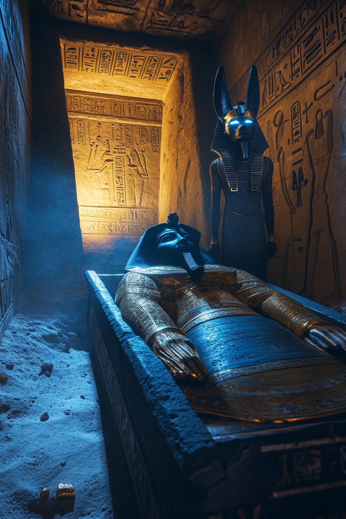 A newly discovered ancient Egyptian tomb, untouched for 3,000 years, deep inside a hidden pyramid chamber, its massive stone door slightly ajar, luxury golden sarcophagi, glowing hieroglyphs, statues of Anubis standing guard, and ancient treasures scattered on the dusty floor, a faint blue mystical light seeping through the cracks, cinematic lighting, extreme detail on carvings, photorealistic, 8K ultra detail, (Masterpiece: 1.5), (best quality: 1.5), deep shadows and dramatic light play.