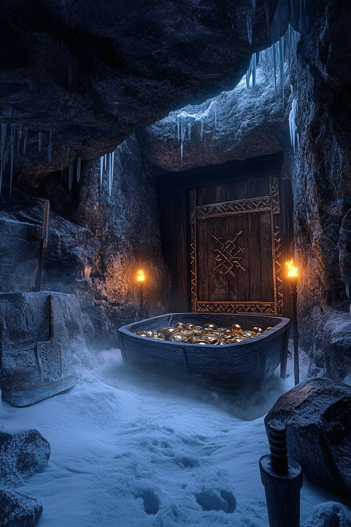 An ancient Viking burial chamber, hidden inside a frozen cave, its wooden doors reinforced with iron runes, a massive ship burial filled with golden treasures, rusted swords, battle axes, and a throne-like stone sarcophagus, the spirit of an ancient warrior faintly visible in the cold mist, torches flickering in the icy wind, extreme photorealism, cinematic atmosphere, intricate carvings and details on the artifacts, ultra-HD realism, (Masterpiece: 1.5), (best quality: 1.5), overdetailing.