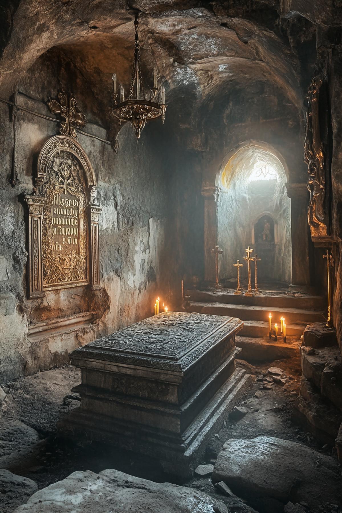 A forgotten underground burial chamber of an ancient Slavic prince, hidden deep beneath the ruins of a medieval monastery, its walls covered in faded frescoes and mysterious inscriptions in Old Church Slavonic, a stone sarcophagus resting on an ornate platform, golden crosses and ceremonial armor scattered around, wax candles still burning after centuries, a cold mystical fog floating near the ground, cinematic lighting, highly detailed historical textures, ultra-HD realism, (Masterpiece: 1.5), (best quality: 1.5).