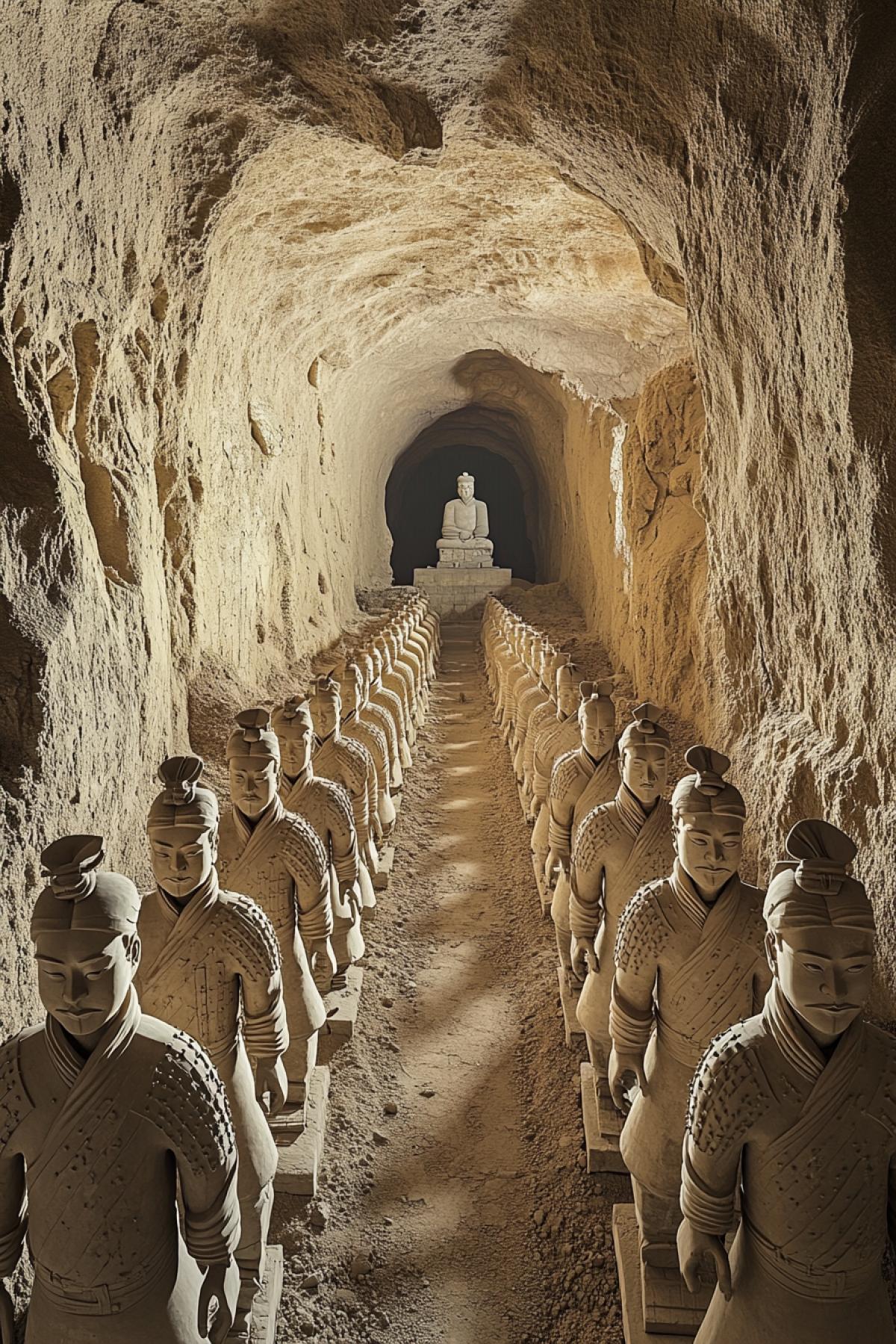 A vast underground Chinese imperial tomb, hidden beneath a mountain, filled with thousands of life-sized Terracotta warriors standing in perfect rows, golden dragon carvings winding across the stone walls, an enormous jade coffin at the center, mystical blue lanterns casting an eerie glow, dust floating in the air, a hidden doorway leading to an unknown chamber, extreme realism, historical accuracy, ultra-HD details, (Masterpiece: 1.5), (best quality: 1.5), 8K depth and atmosphere.