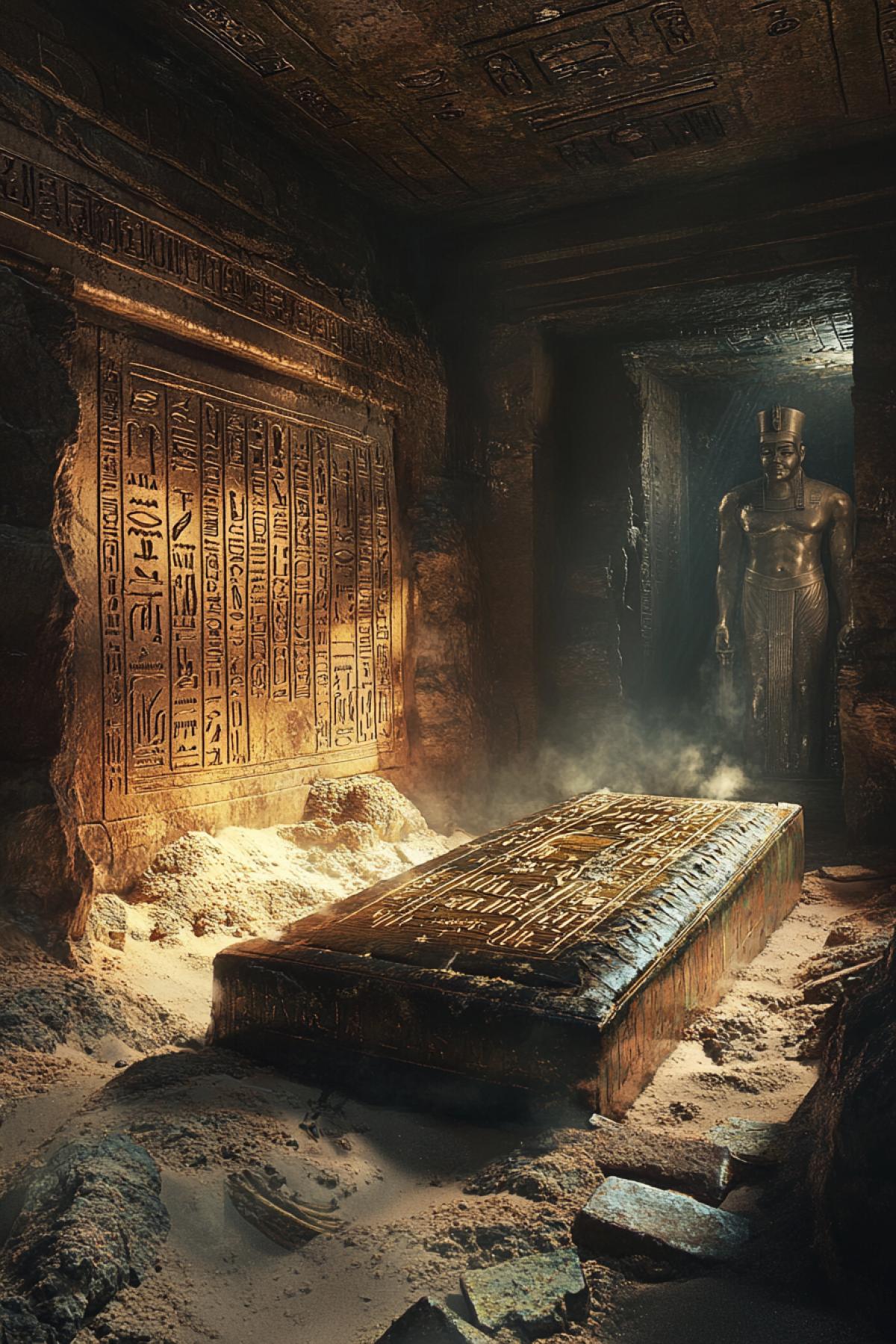 An ancient Mesopotamian royal tomb, buried beneath the sands of Iraq, golden relics and cursed artifacts lying on the stone floor, intricate cuneiform inscriptions glowing faintly on the walls, a colossal bronze sarcophagus with demonic carvings, a forgotten priestly statue covered in dust, an eerie supernatural aura, distant ghostly whispers filling the chamber, extreme photorealism, cinematic storytelling, ultra-HD 8K quality, (Masterpiece: 1.5), (best quality: 1.5).