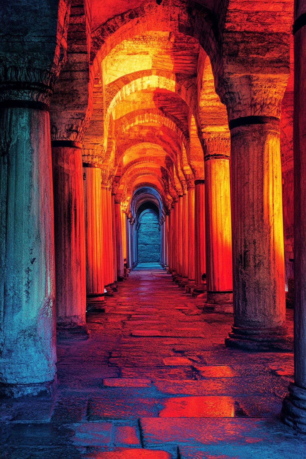 The cistern of a thousand columns in Istanbul. Mystical illumination. Magnificent shot. Professional photography.
