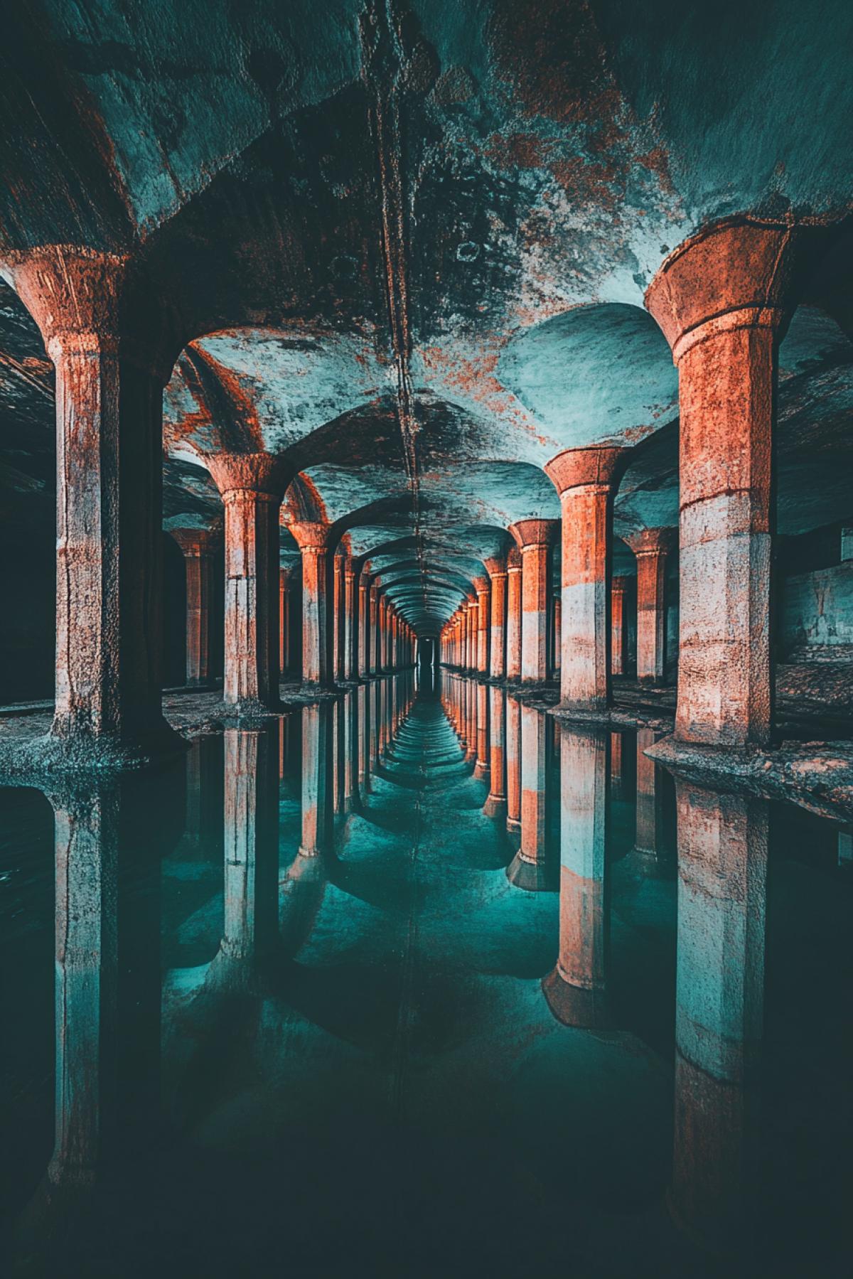 The cistern of a thousand columns in Istanbul. Mystical illumination. Magnificent shot. Professional photography.