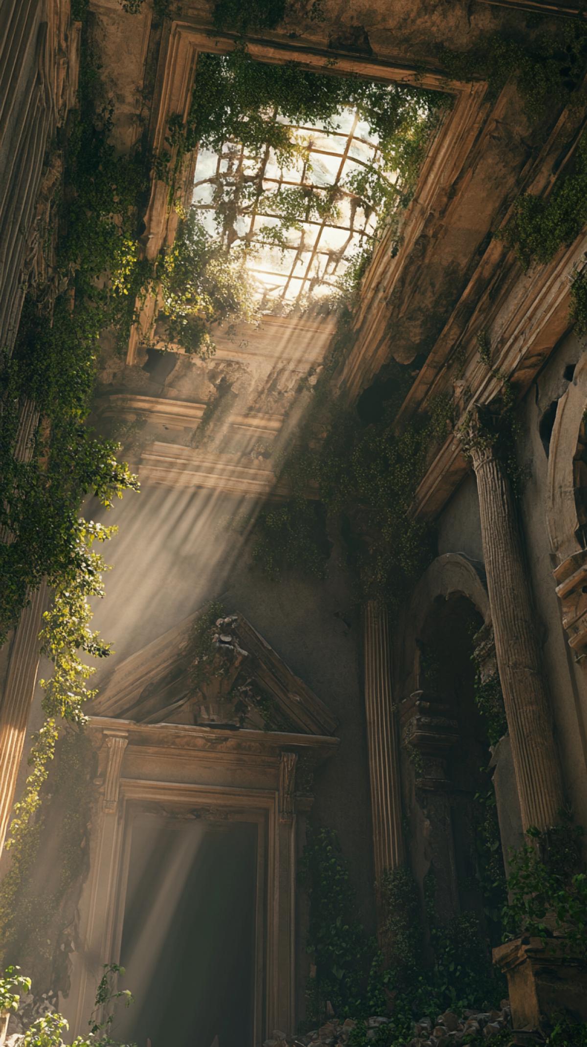 Lost ancient tomb, overgrown with vines, collapsed ceiling, sunlight streaming through the cracks, fantasy art, concept art