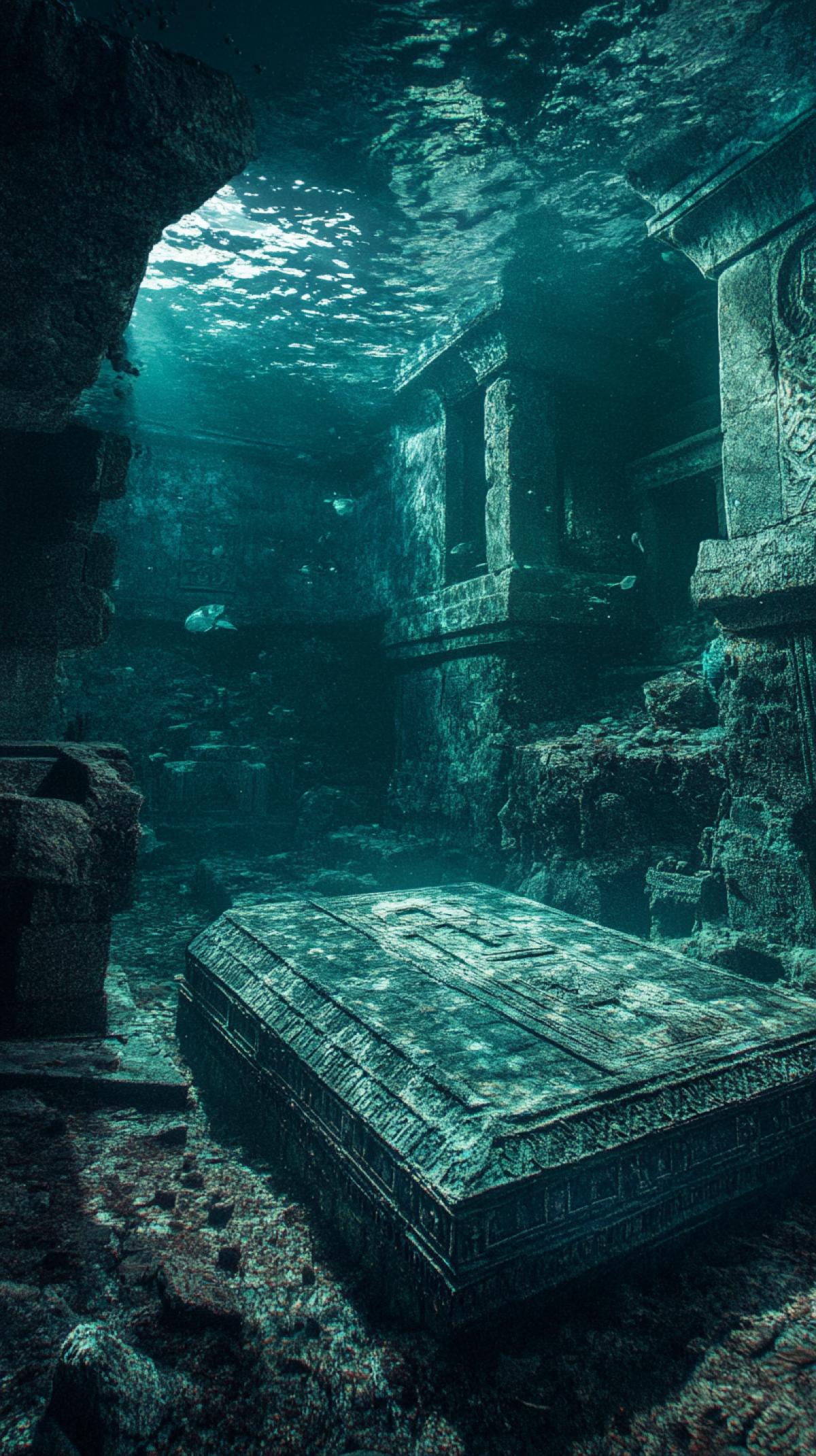 Ancient tomb flooded with water, sunken artifacts, underwater lighting, eerie, photorealistic, underwater photography