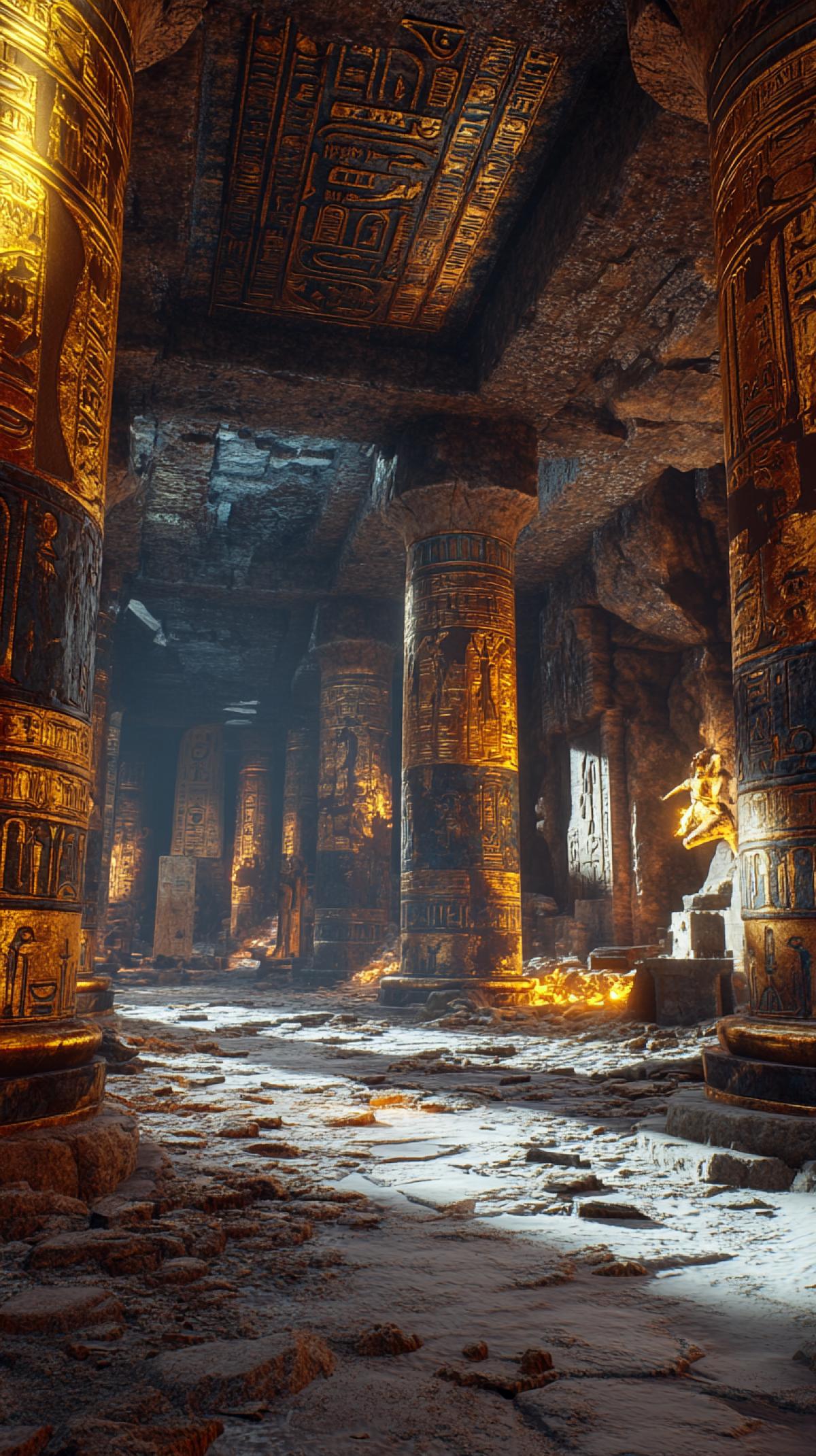 Vast subterranean tomb, massive pillars, hieroglyphs, golden artifacts, epic scale, detailed, unreal engine 5