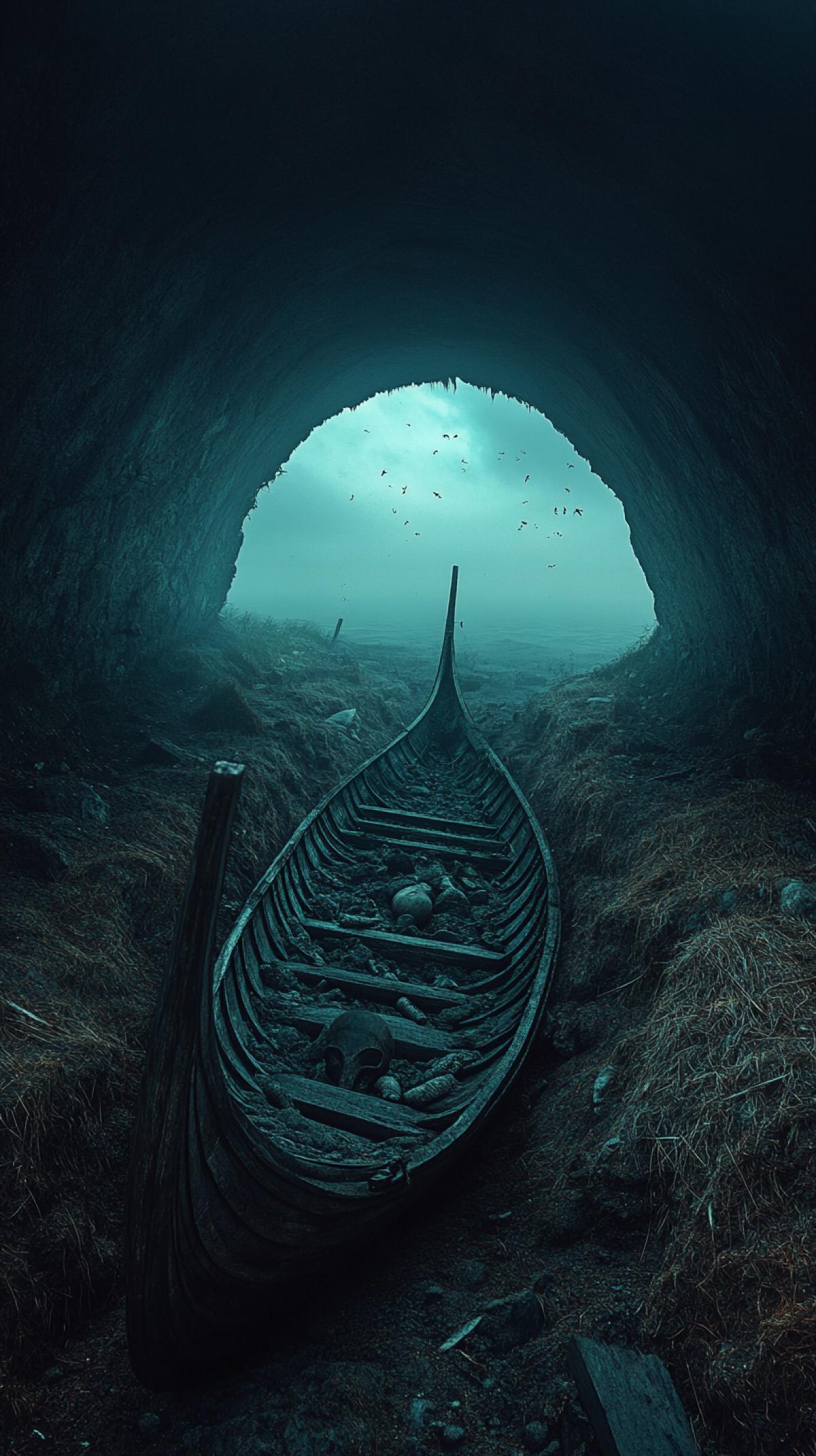 A Viking burial mound, opened to reveal a longship and the remains of a powerful warrior. Dramatic lighting, 8k resolution, style expressive