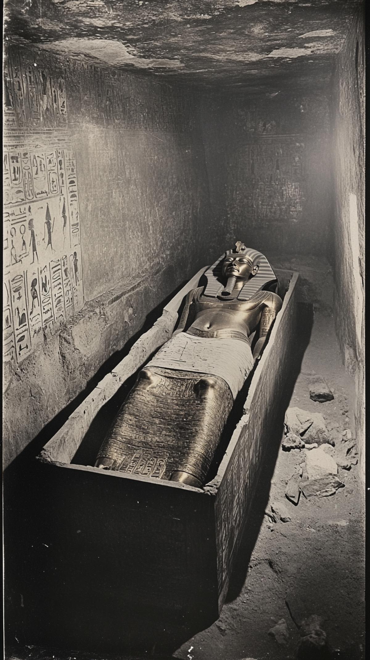 Inside the tomb of Tutankhamun. Mystery, mystery. Photo of 1920