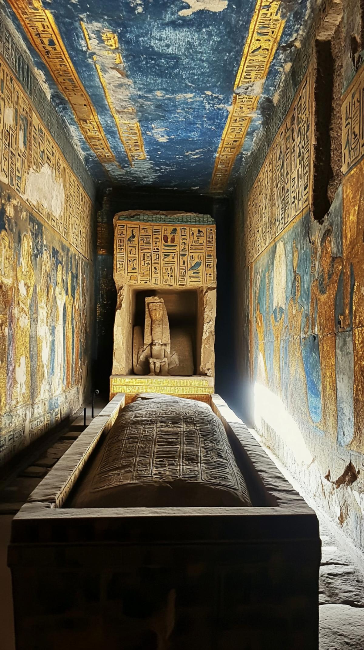 Ancient tomb, view from the inside. Sarcophagus, statues of stone, walls with images. Gold, blue. The atmosphere is mysterious