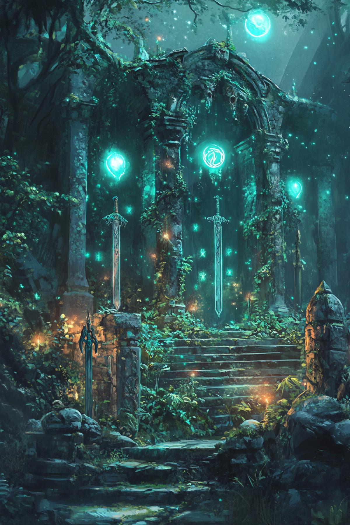 Forgotten elven tomb overgrown with glowing mushrooms, enchanted swords embedded in stone, floating orbs of light illuminating arcane symbols. Ethereal mist, magical energy pulsing from an ancient altar. Fantasy art, digital painting, vibrant colors, intricate details, by Artgerm and WLOP
