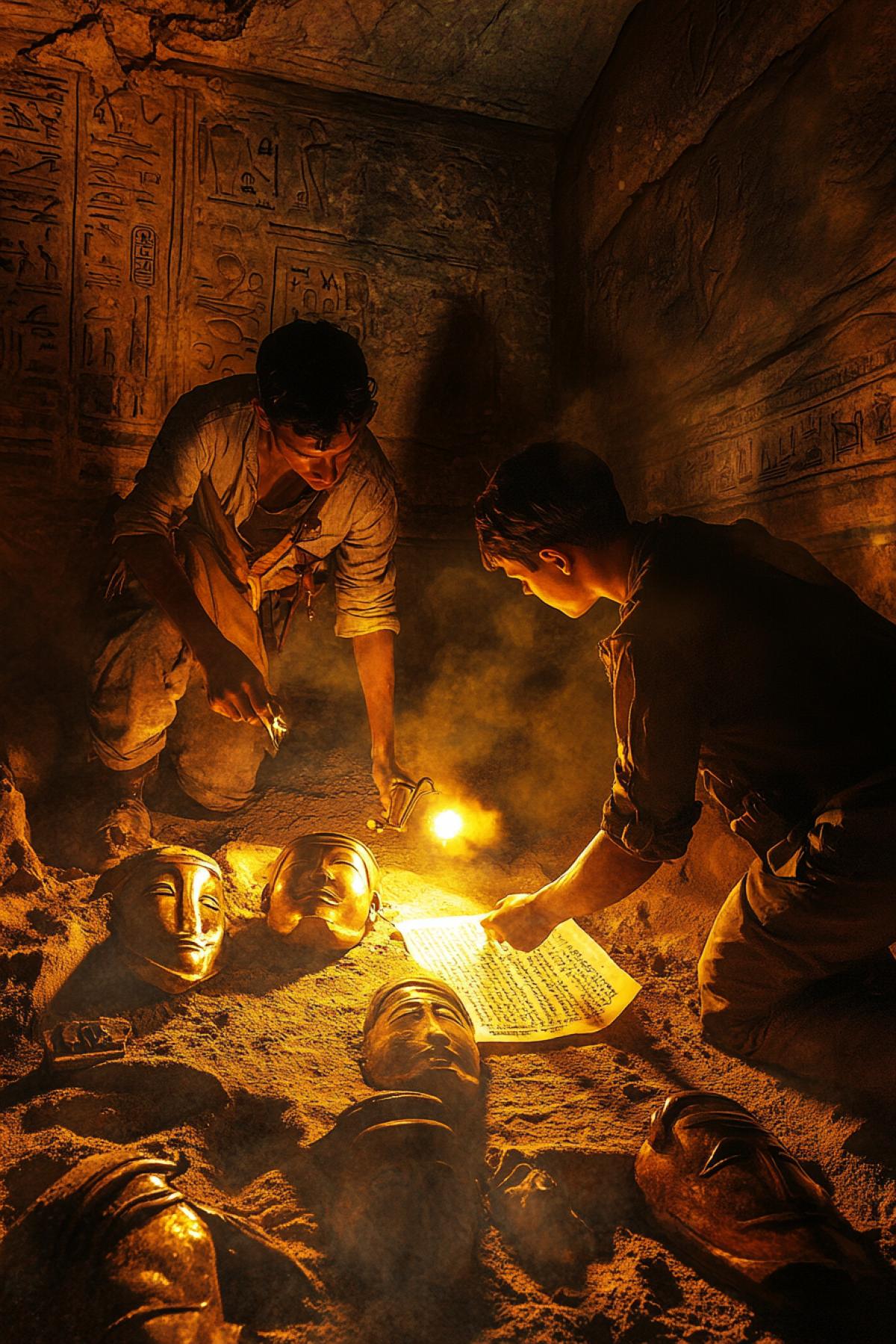 1920s explorers uncover a lost pharaohs tomb, holding lanterns as they examine golden masks and scattered scrolls. Dusty air, dynamic shadows, Indiana Jones adventure style, photorealistic, National Geographic documentary vibe.
