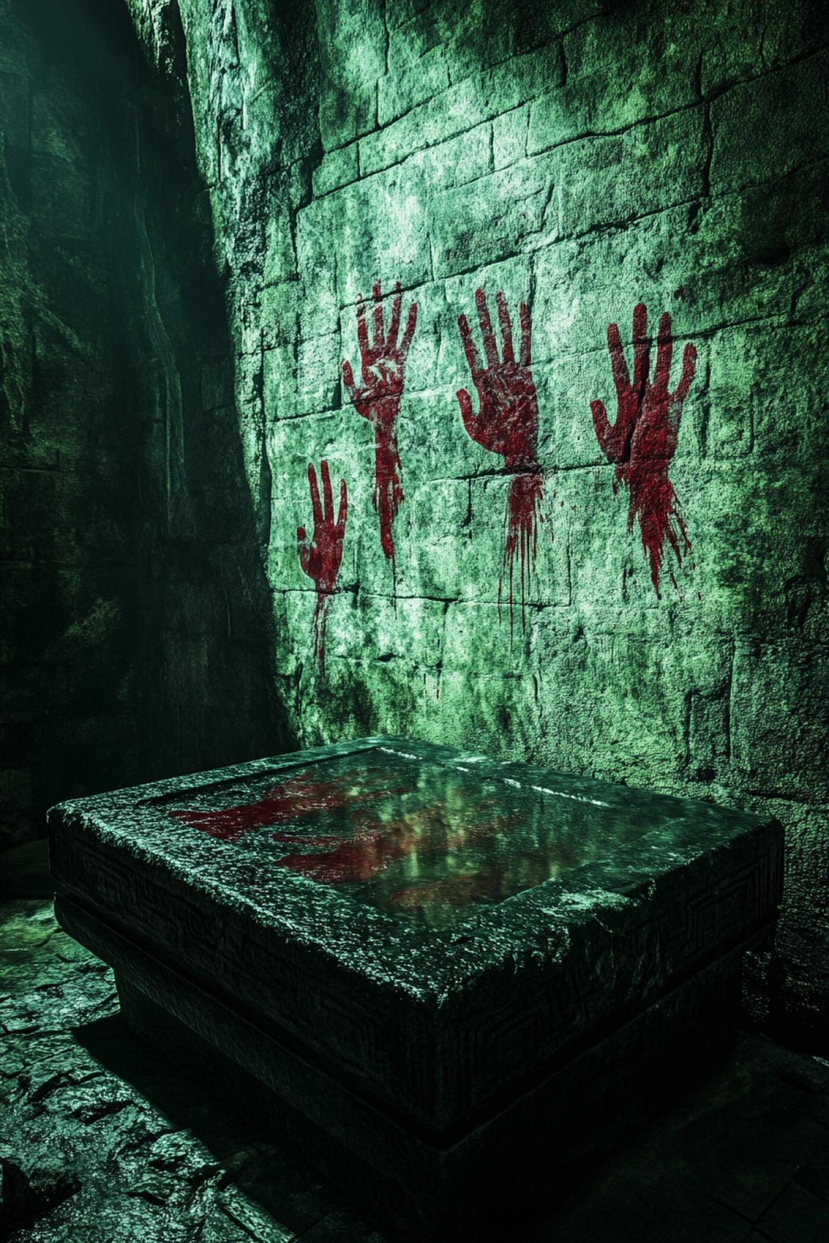 Cursed Mayan burial chamber, walls covered in eerie red handprints, shadowy figures lurking in the corners. A dark obsidian altar drips with an unknown liquid. Dark, moody, eerie green torchlight, horror atmosphere, reminiscent of The Mummy movie, hyper-realistic