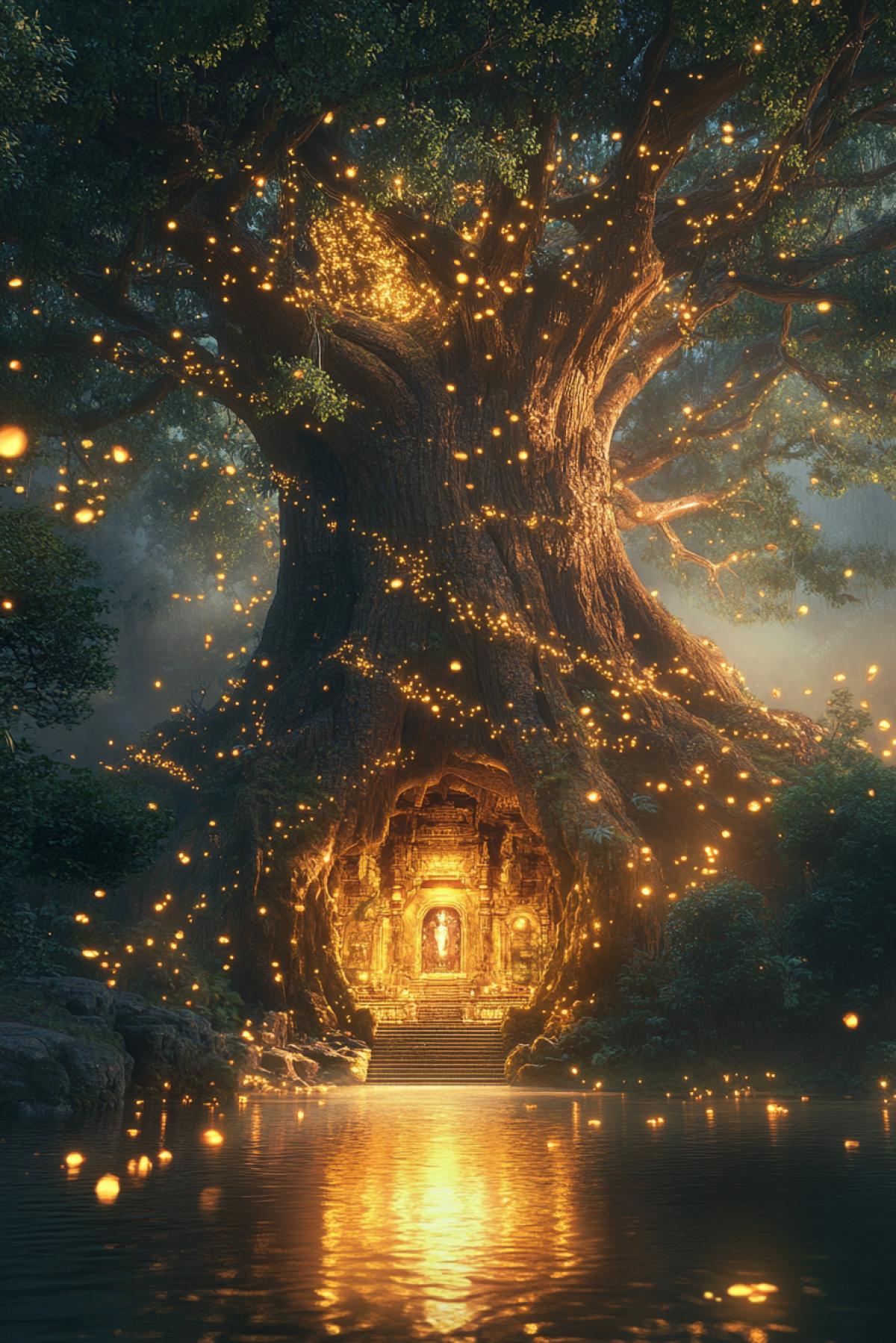 A colossal, ancient tree with an enormous hollow at its core, where a mystical temple is hidden. Its glowing bioluminescent roots wrap around the temple walls, pulsating with a soft golden light. A shimmering river flows through the temple’s entrance, reflecting the warm hues of thousands of floating lanterns. The air is filled with glowing fireflies, and a soft ethereal mist adds an air of mystery. Ultra-detailed environment, cinematic depth, hyperrealism, 8K ultra-HD, (Masterpiece: 1.5), magical atmosphere