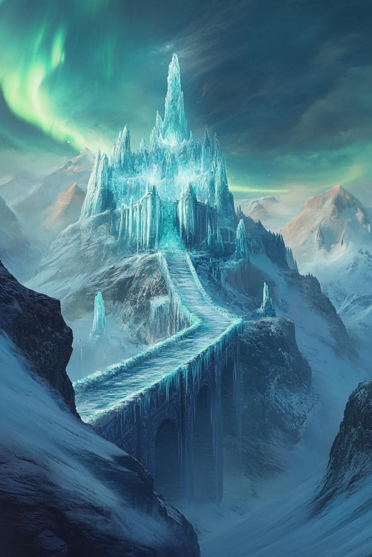 An awe-inspiring crystalline palace perched atop a massive glacier, surrounded by towering snow-covered peaks under a sky full of swirling auroras. The palace walls are made of ice, reflecting every color of the Northern Lights. A grand frozen bridge leads to the entrance, where two enormous ice statues stand as silent guardians. The atmosphere is both majestic and haunting, as if time has stopped in this frozen realm. Ultra-HD, hyperrealistic textures, breathtaking lighting, 8K depth, (Masterpiece: 1.5), (best quality:1.5), cinematic storytelling.