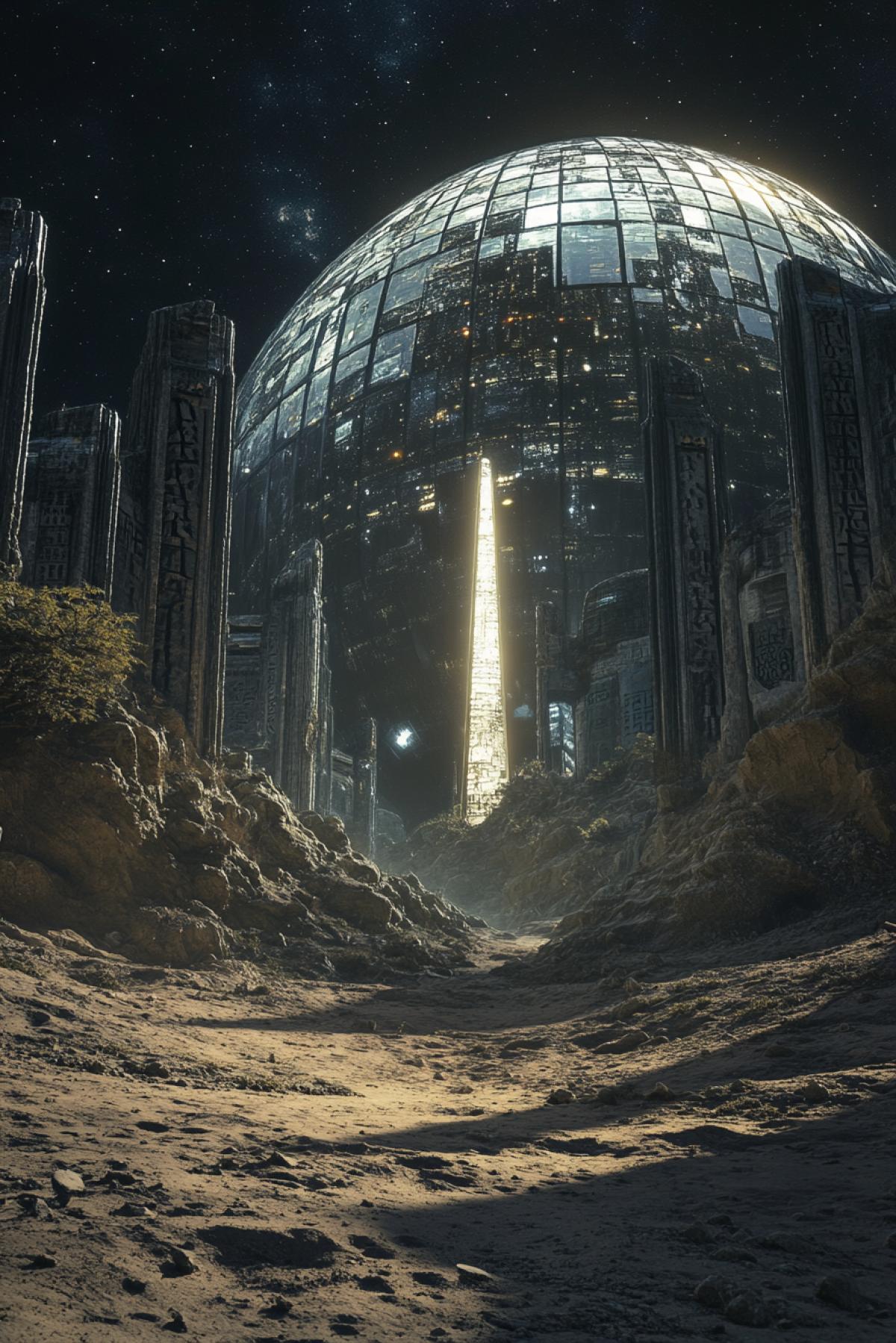 A mysterious abandoned city on the surface of the Moon, its towering futuristic structures covered in cosmic dust. Enormous glass domes, cracked and overgrown with alien vegetation, reflect the distant glow of Earth in the dark sky. Ancient inscriptions in an unknown language line the walls, hinting at a civilization lost to time. A single glowing obelisk stands at the citys center, pulsing with an otherworldly energy. Cinematic framing, extreme detail, hyperrealistic lighting, 8K ultra-HD, (Masterpiece:1.5), (best quality:1.5), sci-fi wonder.