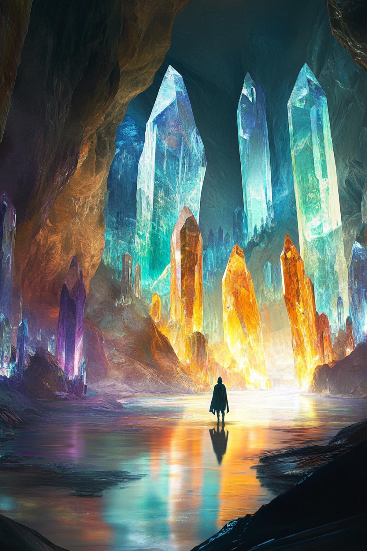 An otherworldly crystal valley at sunrise, filled with towering rock formations of various colors, glowing softly from within. When the wind passes through the natural arches and tunnels, the crystals emit a haunting, melodic hum, filling the air with an enchanting soundscape. A lone traveler in a hooded cloak stands in awe, their reflection shimmering on the glass-like surface of a river flowing through the valley. The atmosphere is mystical yet hyperrealistic, with golden morning light casting mesmerizing reflections. 8K ultra-HD, cinematic lighting, breathtaking detail, (Masterpiece:1.5), (best quality:1.5), fantasy realism.