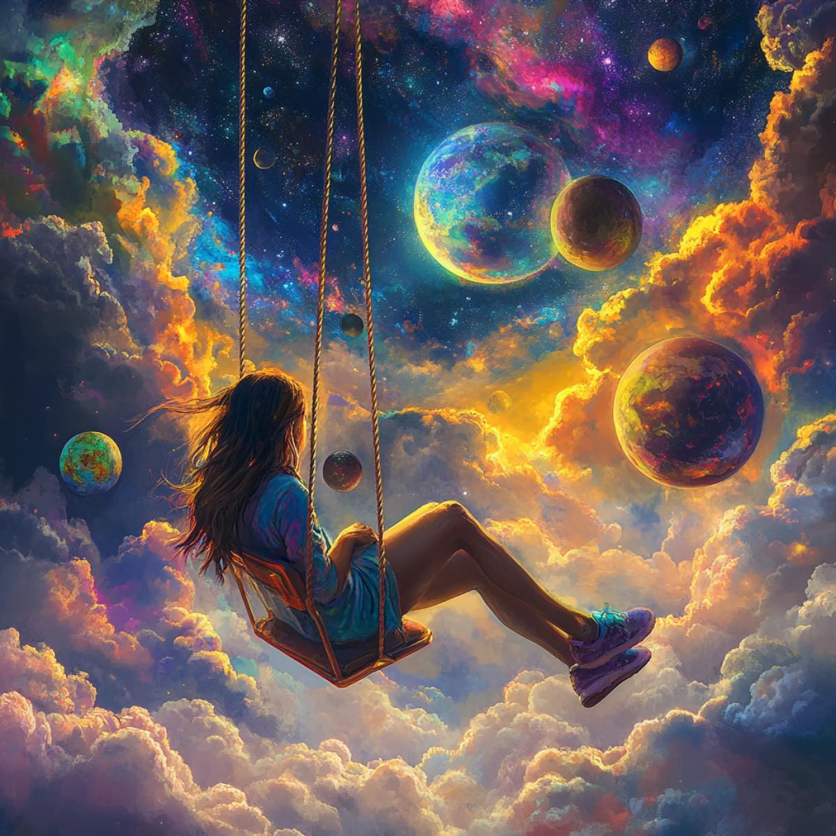 Continuous madness, from the future, psychedelic, incomprehensible, the girl sits on a swing in the sky, around the clouds from above and below. Many different planets in the sky, radiance, high resolution high detail super quality