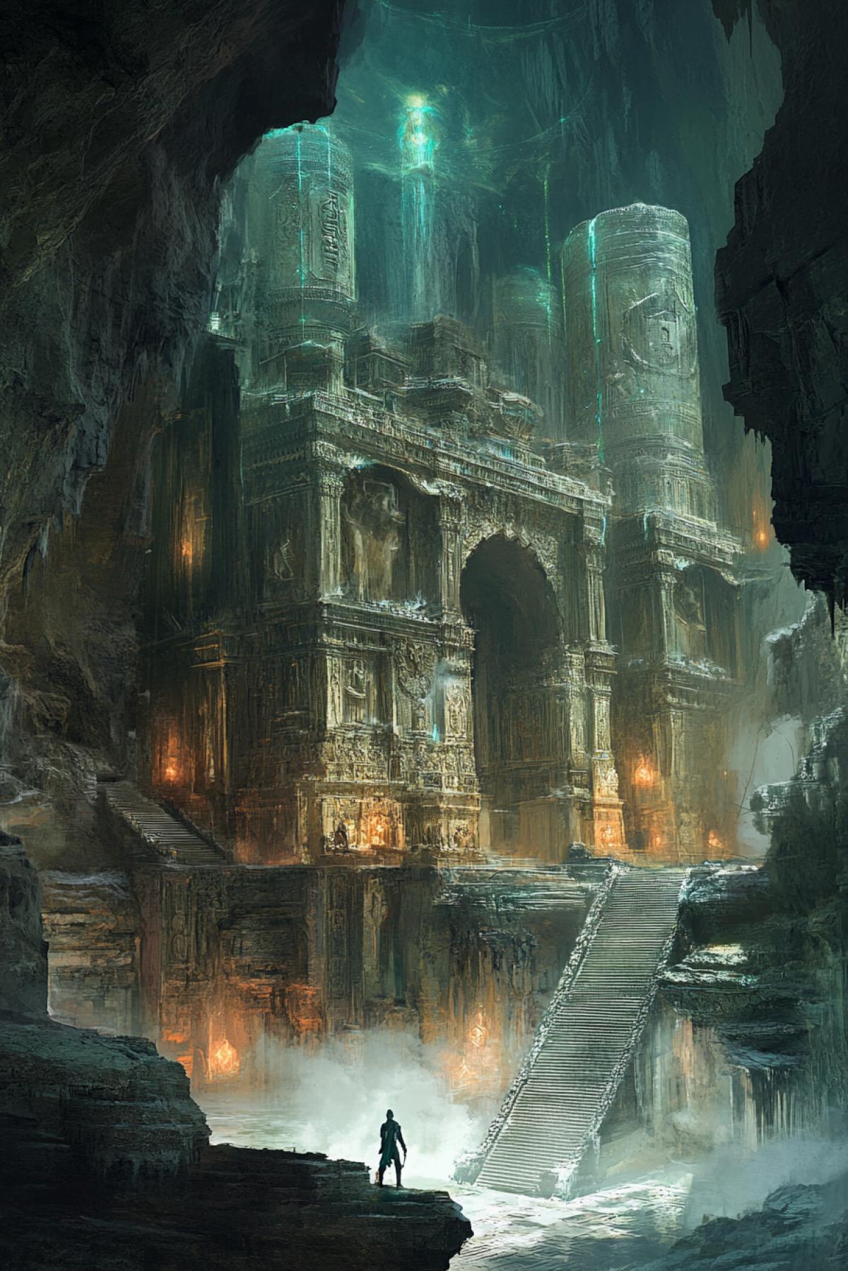 A colossal underground city carved into the walls of an enormous cavern, illuminated by glowing veins of minerals and bioluminescent fungi. Towering stone structures, with intricate carvings and forgotten symbols, rise like ancient skyscrapers, their windows glowing faintly with remnants of lost energy. big staircases and bridges, built for beings far taller than humans, stretch across the cavern, hinting at an ancient race of titans who once lived here. The air is filled with mist, and a lone explorer, dwarfed by the immense scale, walks cautiously through the ruins. Hyperrealism, cinematic framing, ultra-HD 8K, (Masterpiece: 1.5), (best quality: 1.5), mysterious atmosphere, dramatic lighting.
