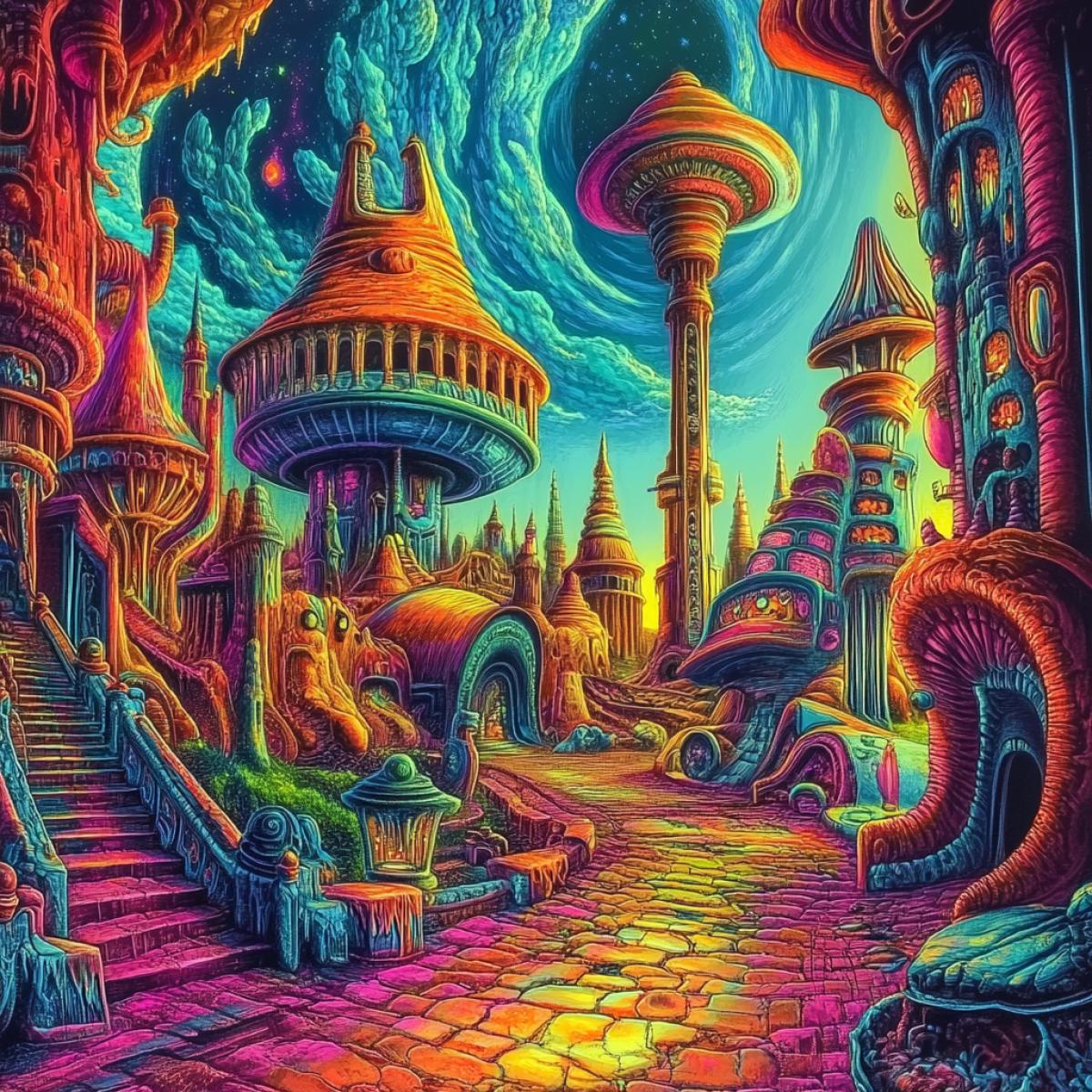 An unusual city, people, continuous madness, from the future, psychedelic, incomprehensible, resolution high detail super quality, unprecedented, natural, shocking, in 3D HDR high resolution high detail super quality
