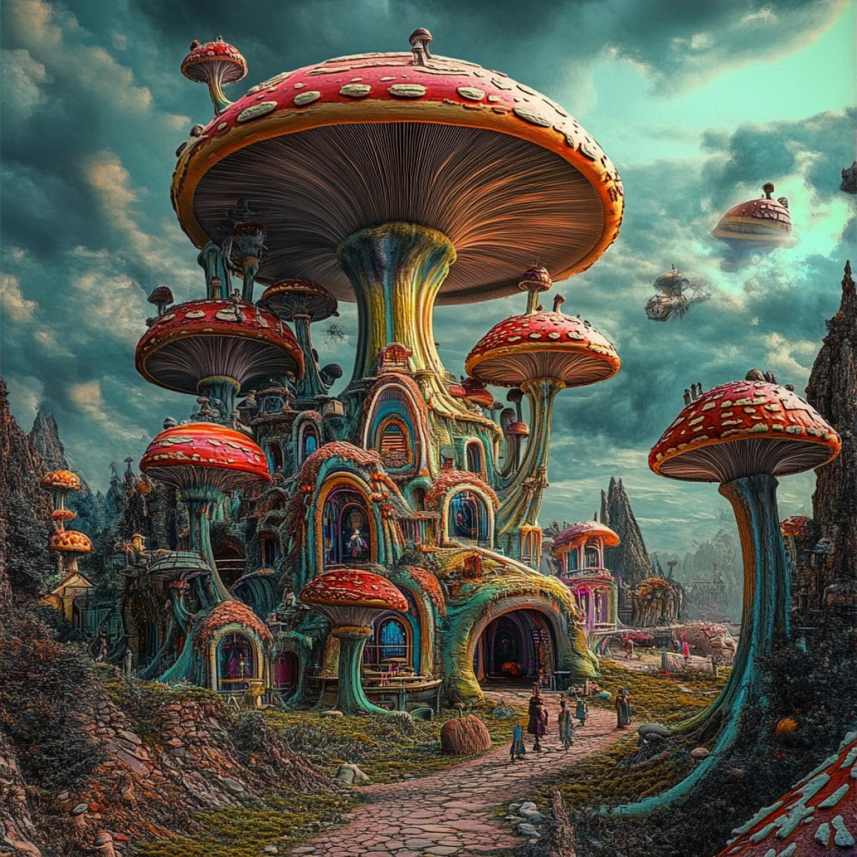 An unusual city, unusual people, houses in the form of mushrooms, continuous madness, from the future, psychedelic, incomprehensible, unprecedented, in excess of natural, shocking, 3D HDR high resolution photo, high detailing super quality