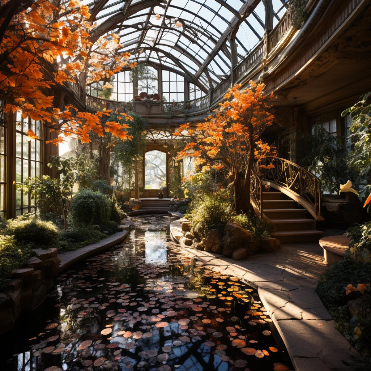 A fairytale garden with flowering trees, around which jambs of large golden fish float in the air