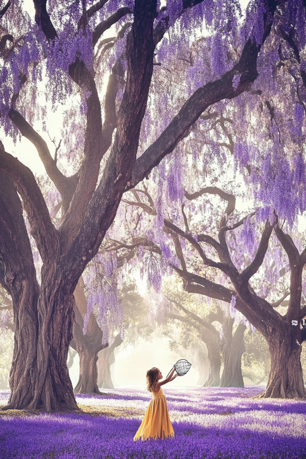 A marvelous fairytale garden with flowering trees, around which the jambs of fish float in the air, a little girl catches them with a butterfly net, shooting from a low angle, the breeze flutters the hair and dress of the girl, between the trees mystical lilac fog with gold sparkles