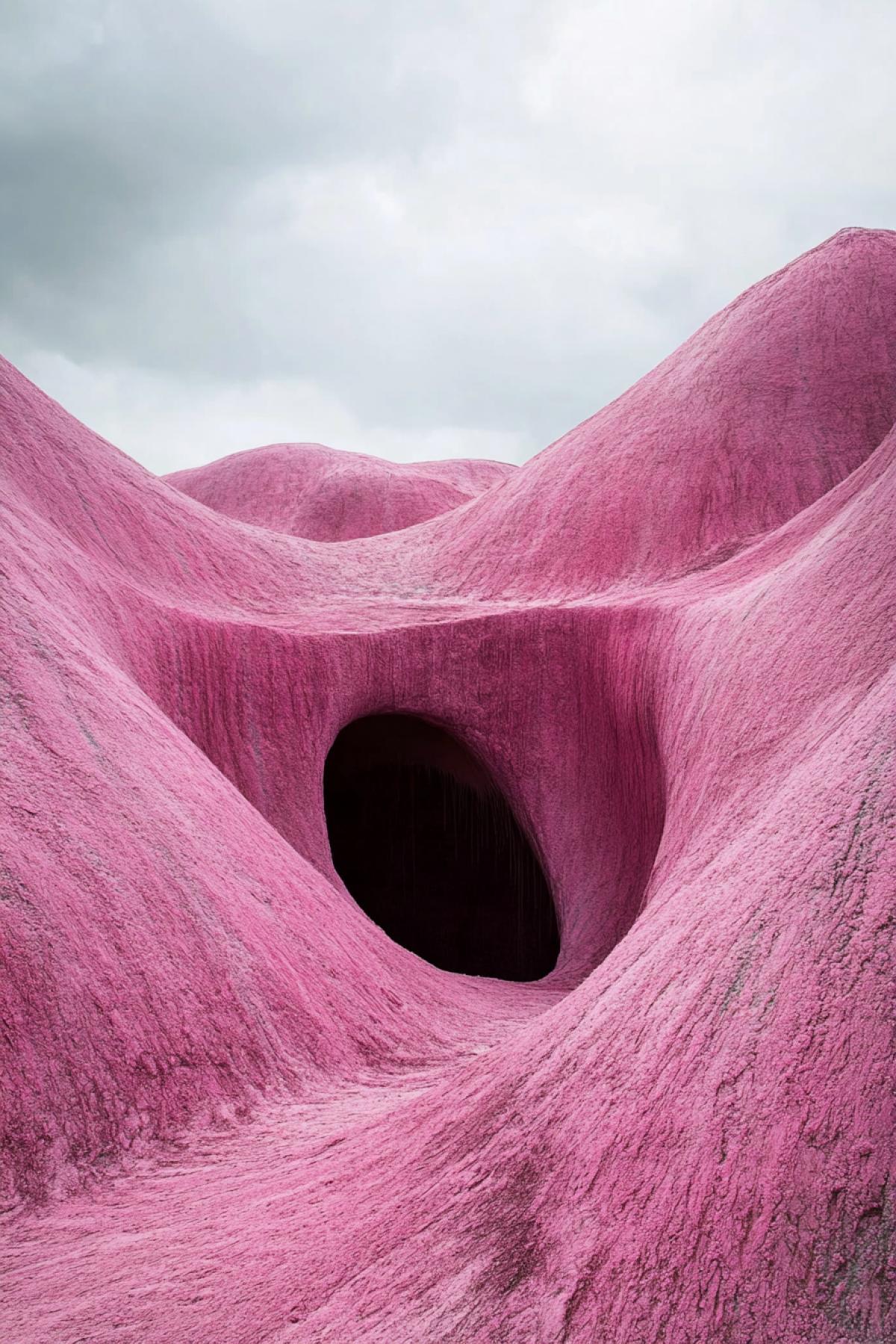 Two body-like pink hills with a dark brown hole in between breathtaking art